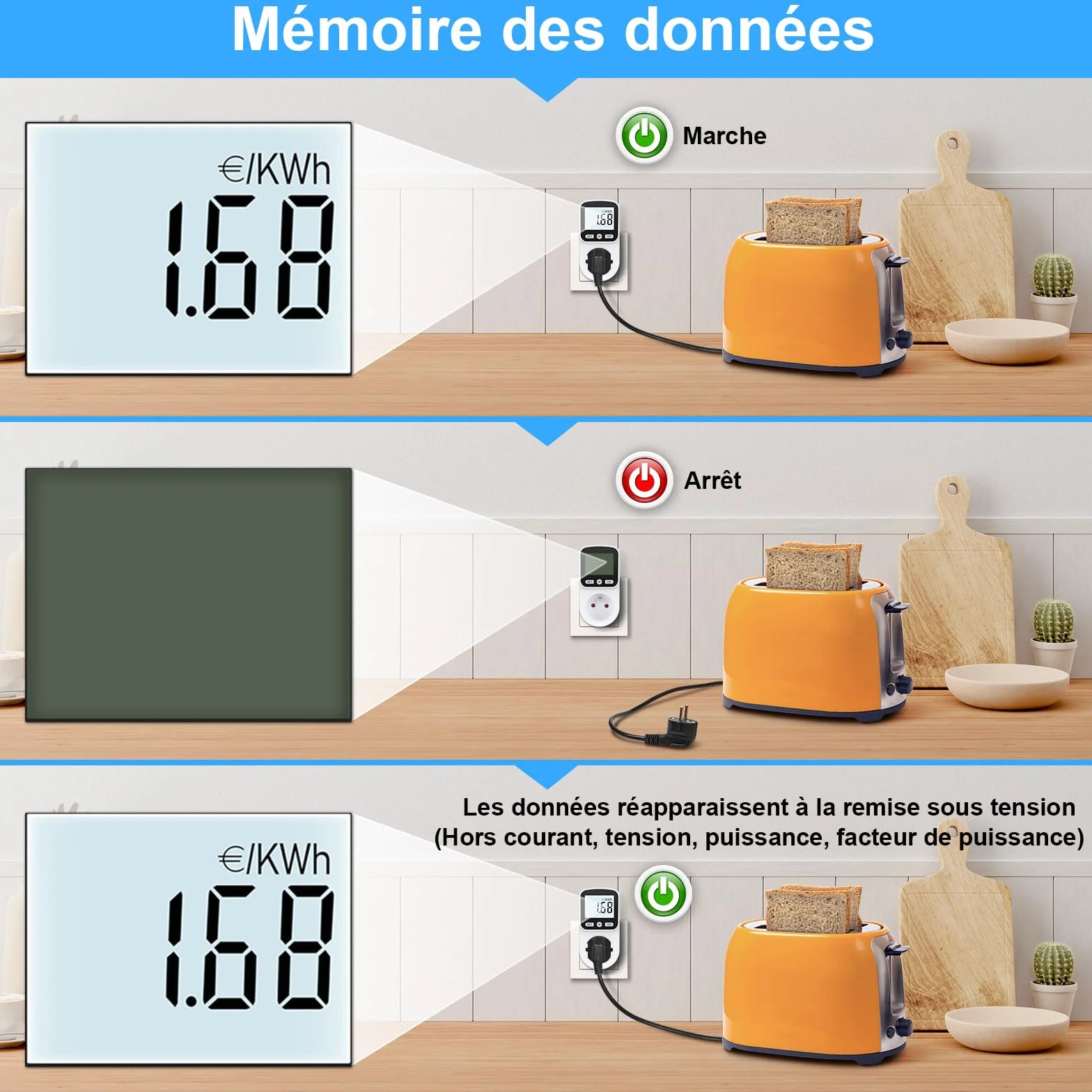 Wattmètre Prise Consommation Electrique, Compteur d'Énergie LCD 3680W Protection Surcharge