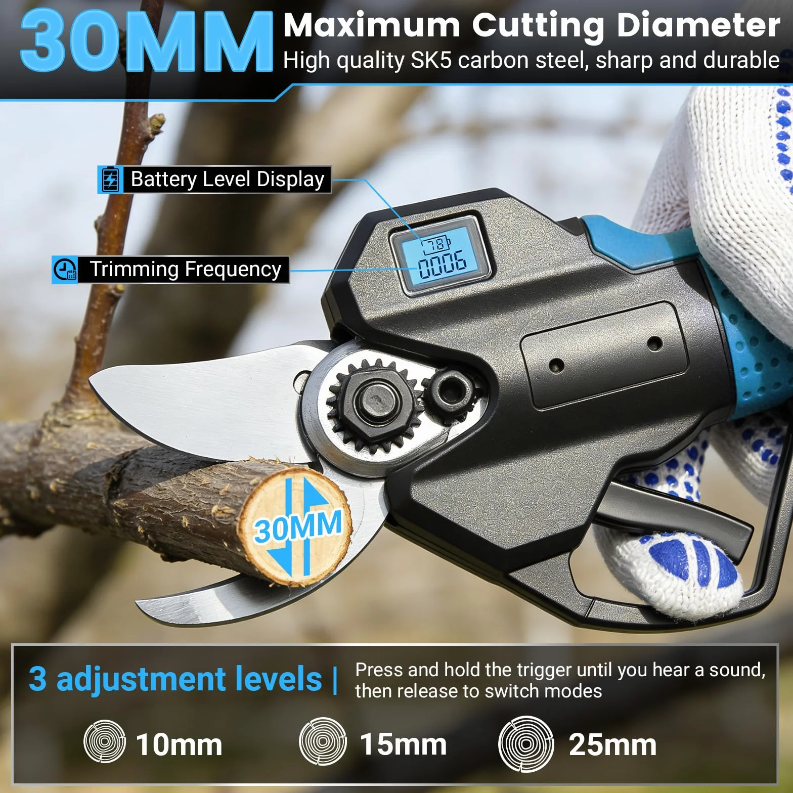 Sécateur et cisaille à gazon sans fil 21 V 2 en 1 avec 2 x 2600 mAh | 18000 tr/min, épaisseur de coupe 8 mm | Sécateur électrique léger pour haies et bordures de pelouse (bleu)