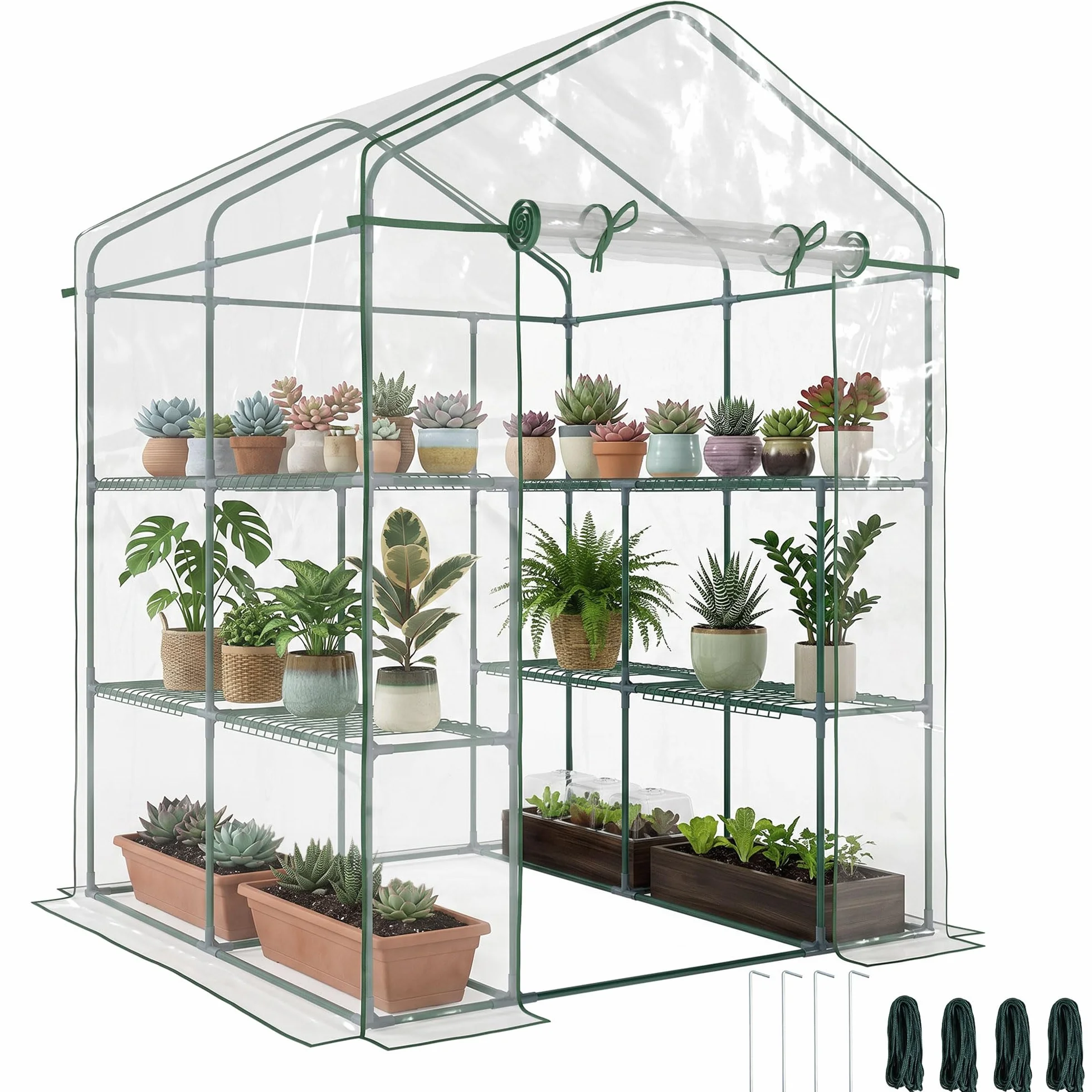 Outsunny Serre de Jardin 3 Niveaux avec étagères, Châssis en Acier, Porte zippée Enroulable, 143x143x195cm