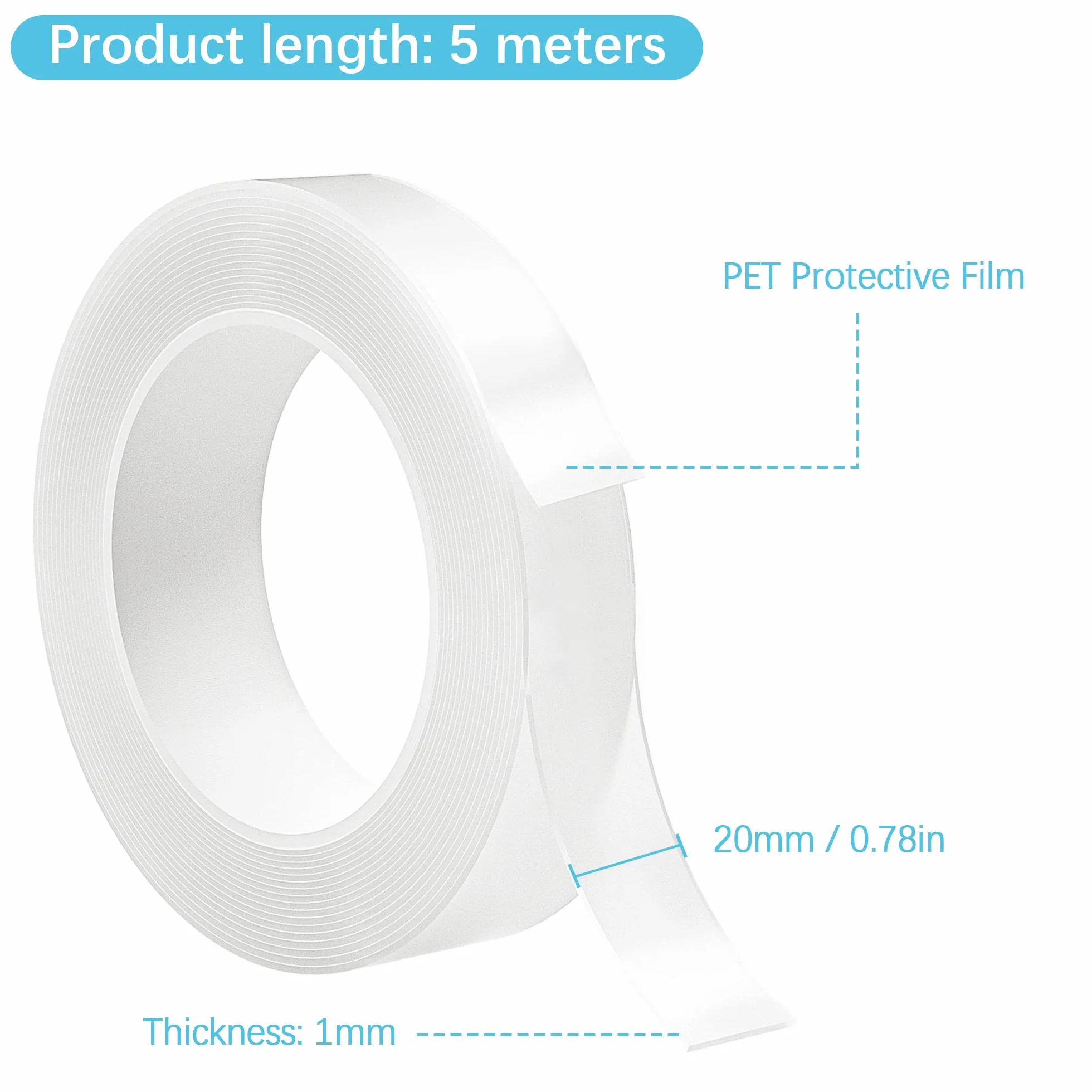 Ruban Adhésif Double Face Robuste Extra Fort 5M Nano Tape Transparent Amovible 20mm 1mm