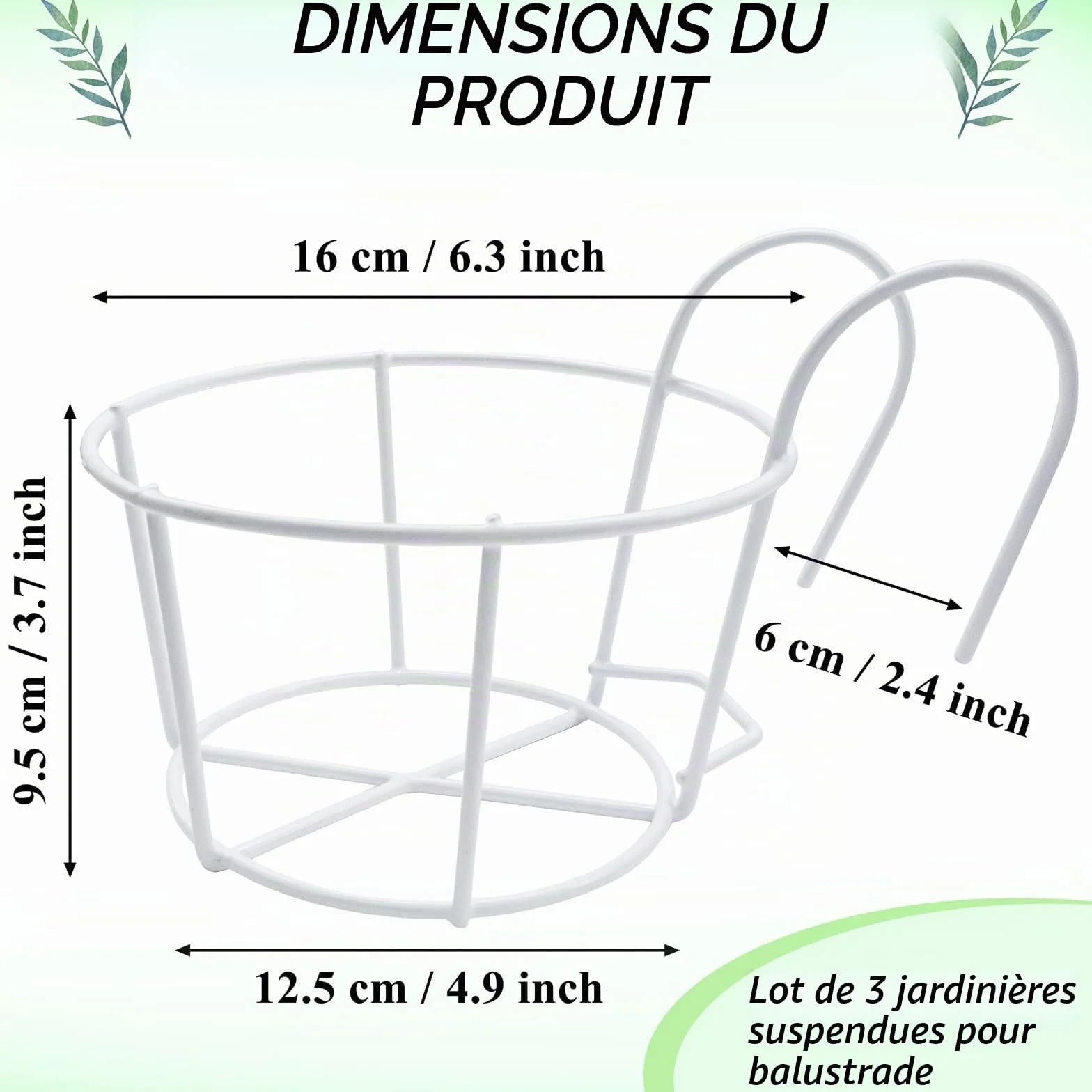 Lot de 3 supports de pot de fleurs ronds à suspendre - En métal - Pour balcon, balcon, jardin, balustrade, clôture - Blanc