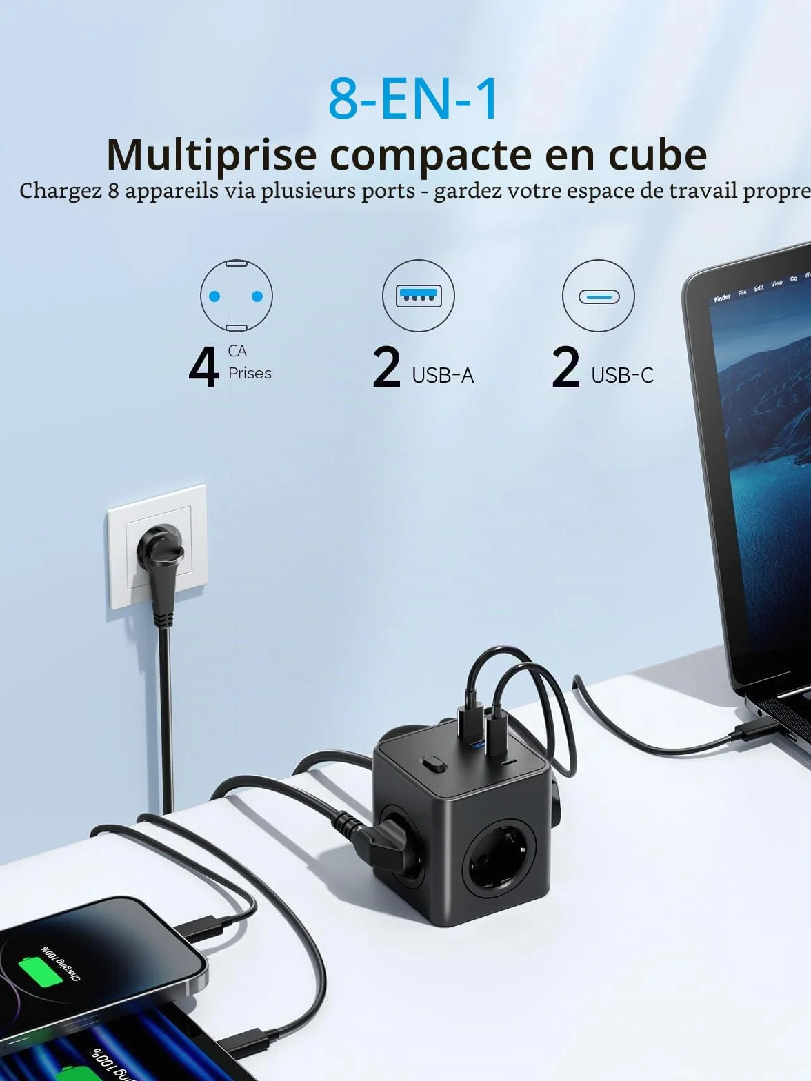 Multiprise Power Cube 8-en-1 avec Interrupteur 4 Prises USB-A USB-C 1,5 m Noir