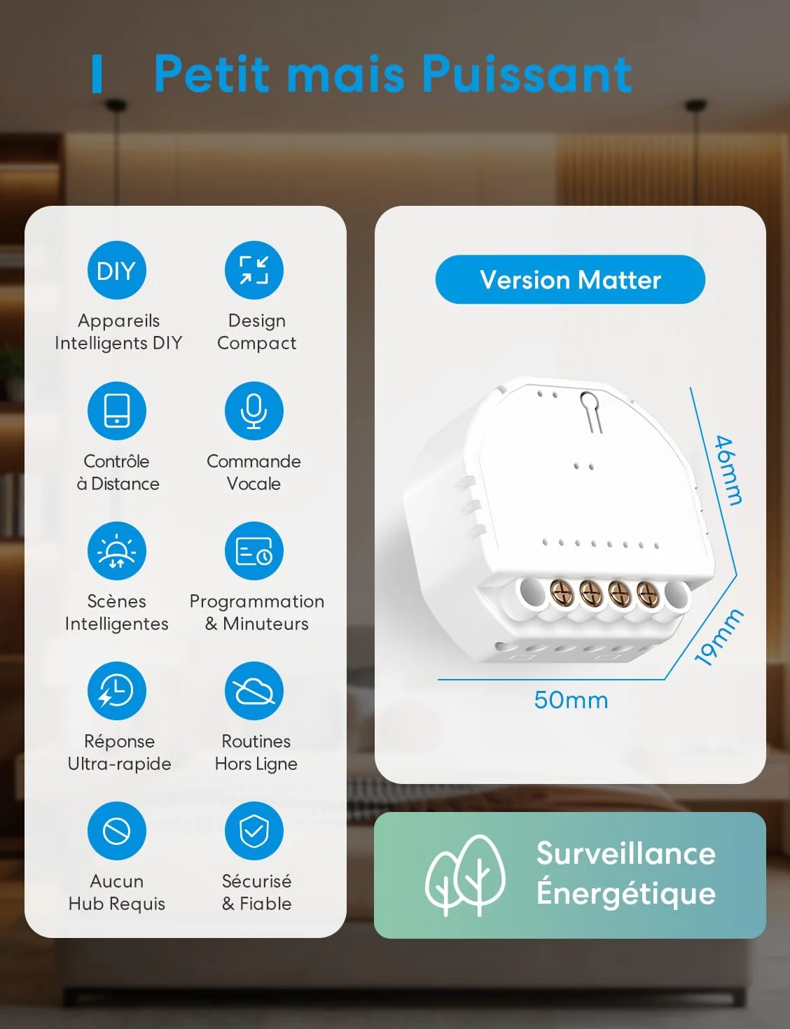 Meross Interrupteur Connecté Matter 60mm Fil Neutre Requis Commande Éclairage Suivi Conso Énergie Compatible Apple HomeKit Alexa Google Home