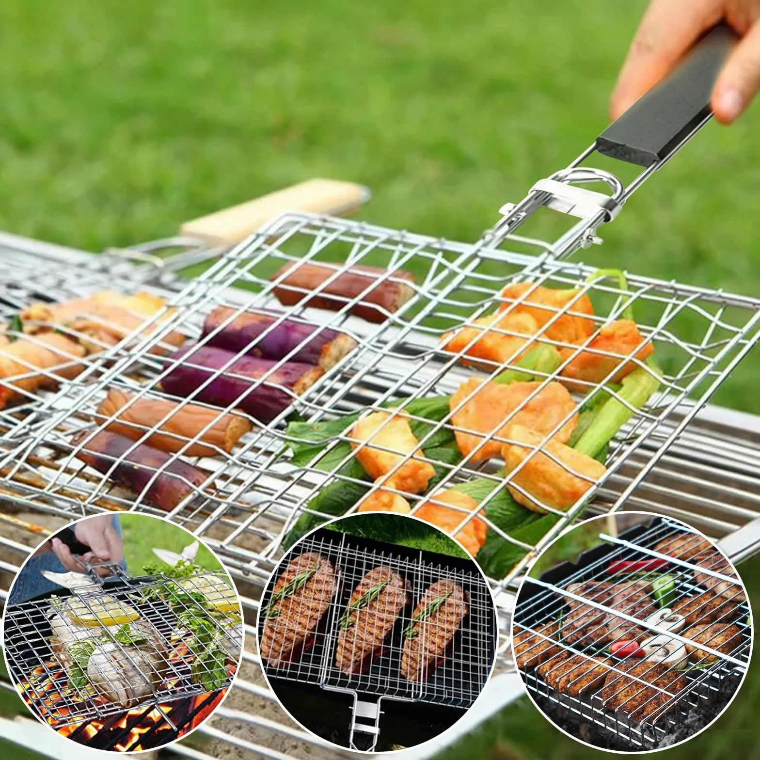 Panier de Barbecue Pliable 32 x 22 cm Acier Inoxydable avec 2 Brosses Silicone pour Poisson Crevettes Légumes Steak