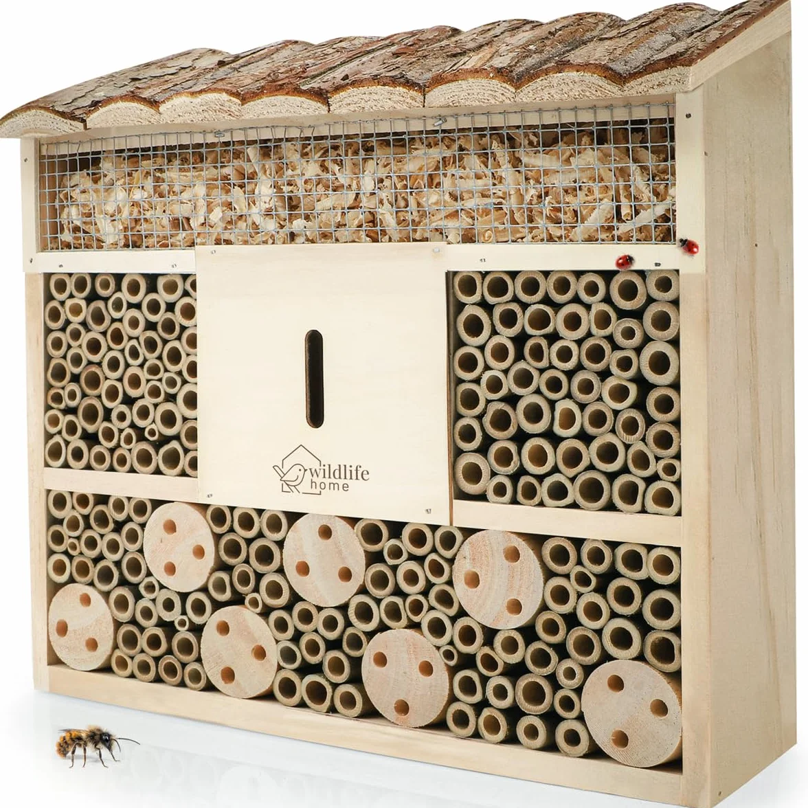 Hôtel à abeilles en bois massif non traité avec toit en écorce pour abeilles et insectes
