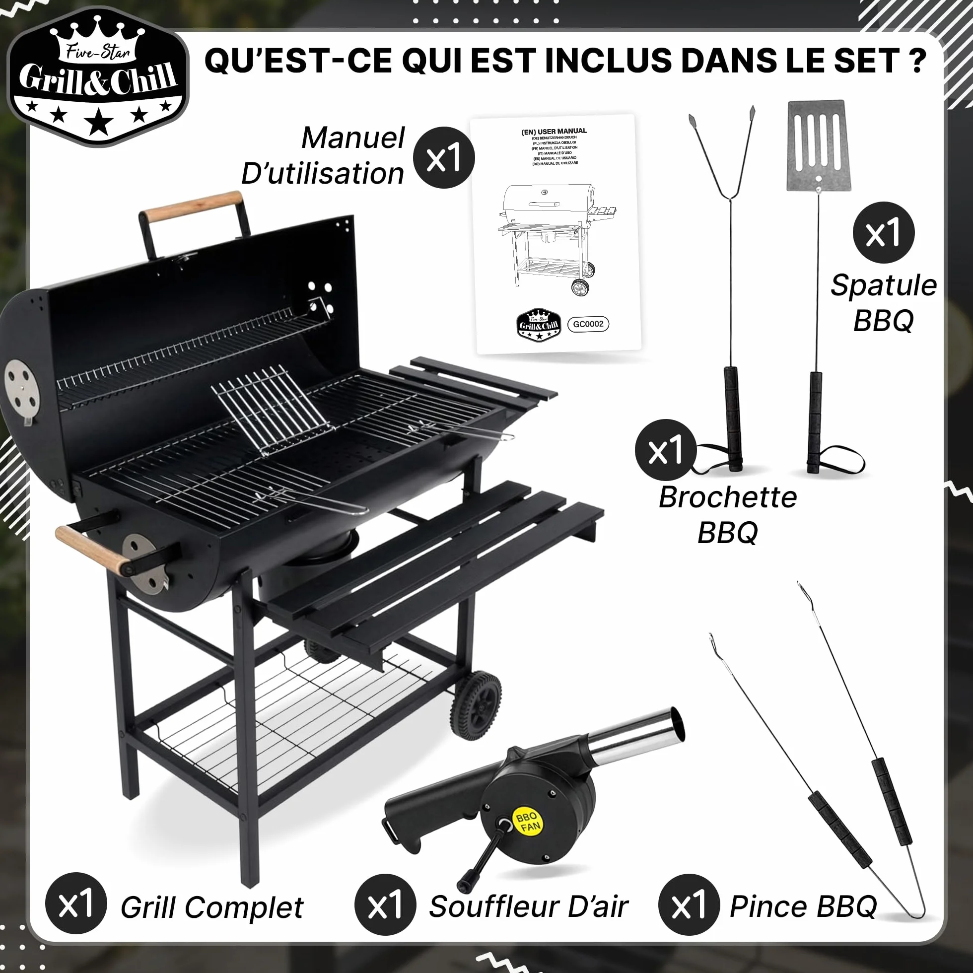 Five-Star Grill & Chill Barbecue charbon de bois - barbecue de jardin, barbecue charbon grande grille chromée 71×35 cm, couvercle, cendrier, thermomètre, deux roues de transport, BBQ, GC0002