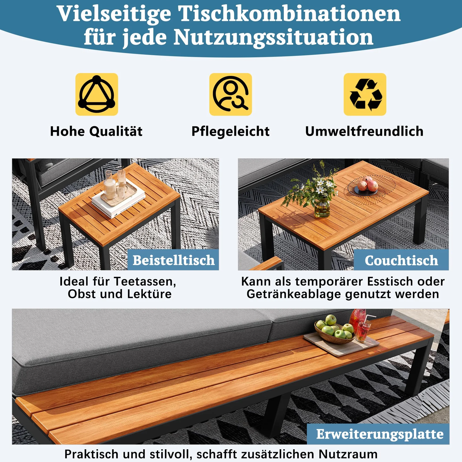 Ensemble de Meubles de Jardin pour 8 Personnes, Table en Bois, Canapé d'Extérieur Gris