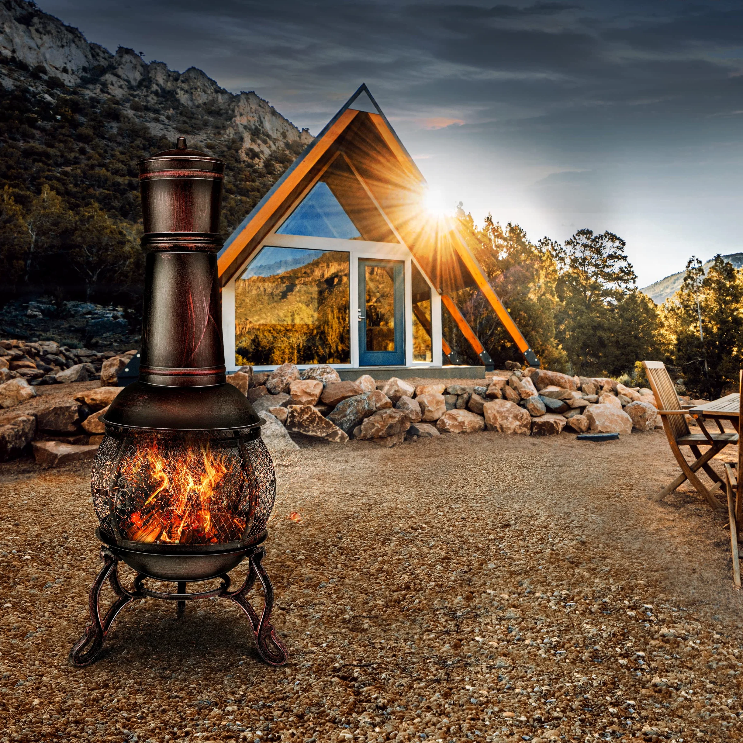 tillvex Cheminée de terrasse extérieure avec Grill | Brasero Mexicain avec Pare-étincelles | Chauffage de Jardin avec Housse | Poêle à Bois | Tisonnier + Grille, BBQ + Accessoires XXL