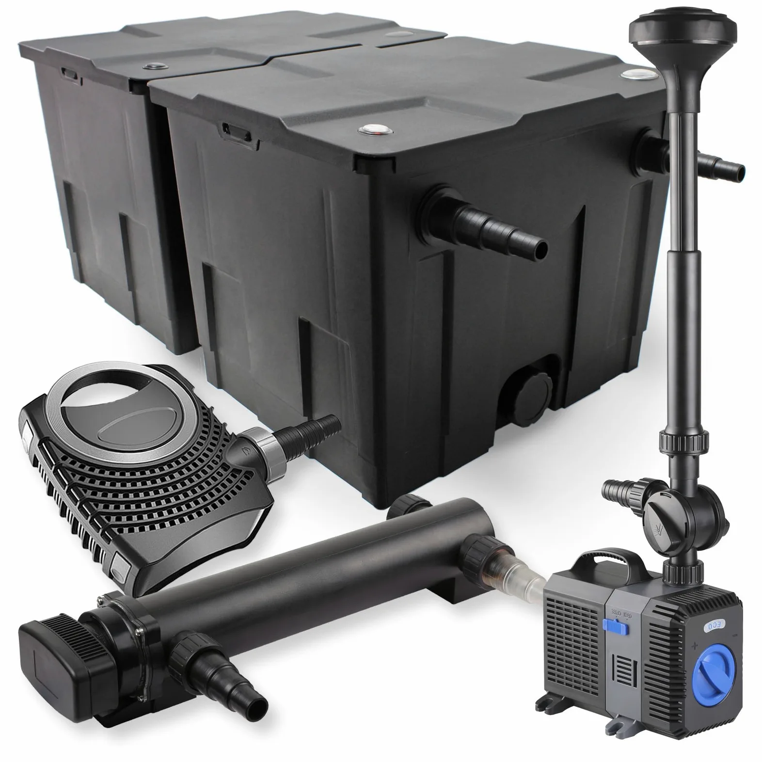 SunSun Kit complet: CBF-350B Filtre de bassin jusqu'à 60000L Biologique, NEO10000 pompe de filtration 10000l/h 80W, CUV-336Lampe uv UVC Clarificateur avec 36W, CTP-5003 Pompe pour fontaine 5000l/h 30W