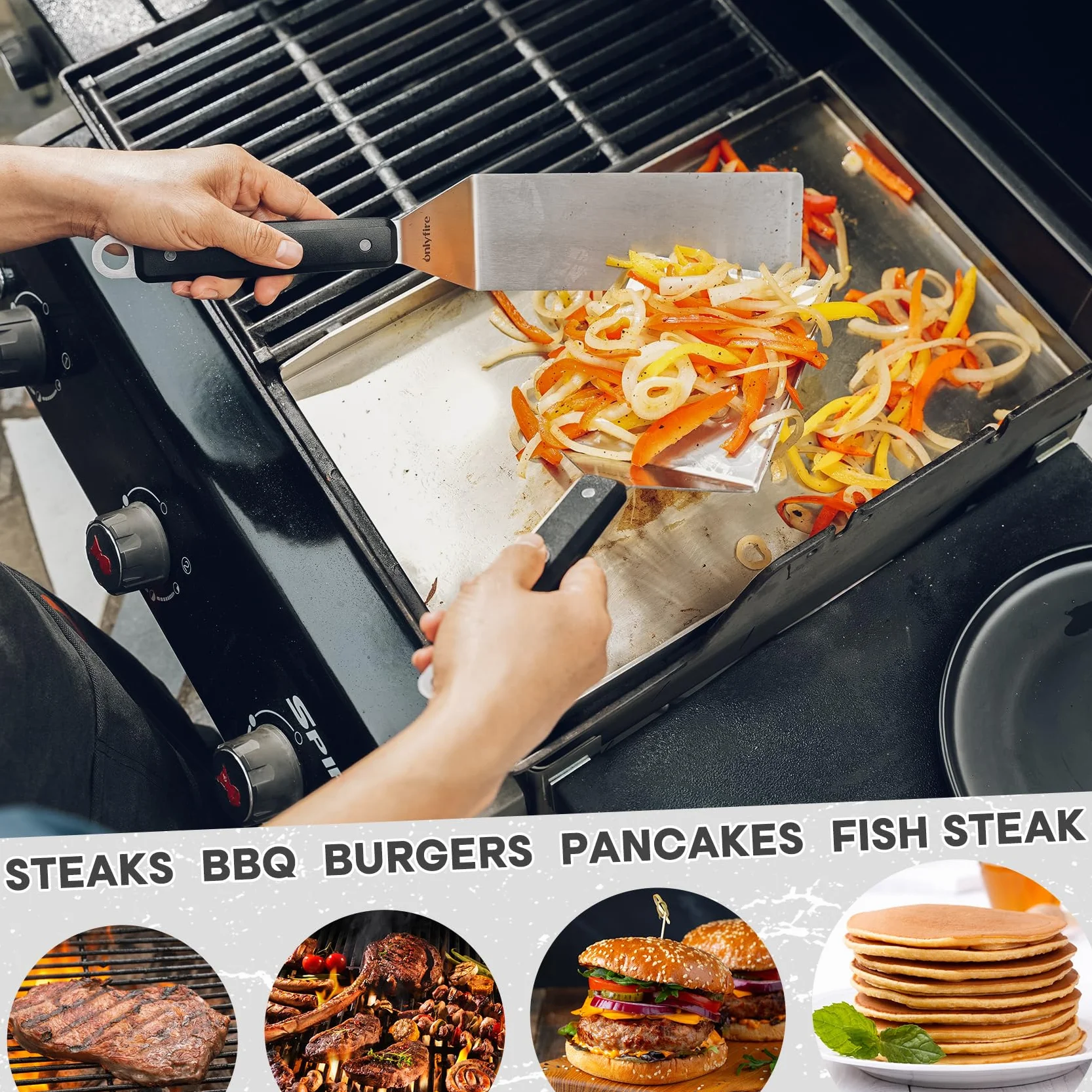 Onlyfire Set de 3 Spatules BBQ Plancha Acier Inoxydable - Spatule à Rebords, Longue et Grattoir - Accessoires Barbecue, Teppanyaki, Smash Burgers