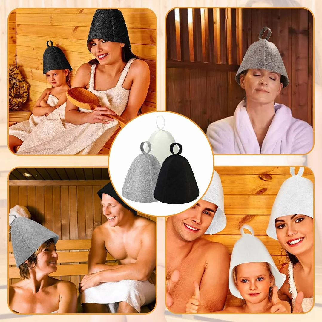 Chapeau Sauna en Feutre 3 Pièces, Bonnet Sauna 2 Pièces, Anti-Chaleur Casquette de Bain Vapeur pour Homme Femme (Gris, Noir, Blanc)