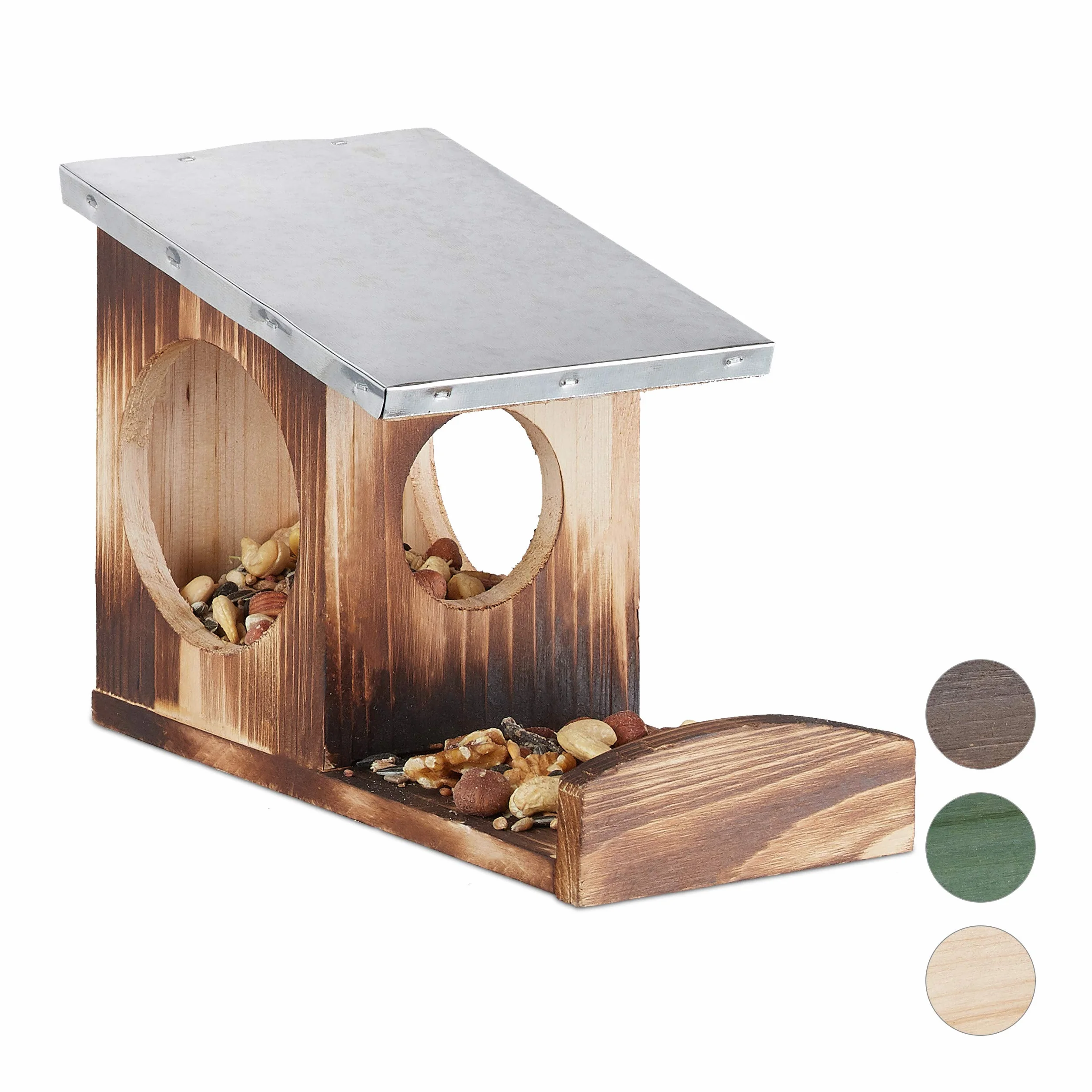 Relaxdays Mangeoire pour écureuils, Hotte en Bois, Toit métallique étanche, à accrocher, pour Le Jardin, Effet flammé, Marron