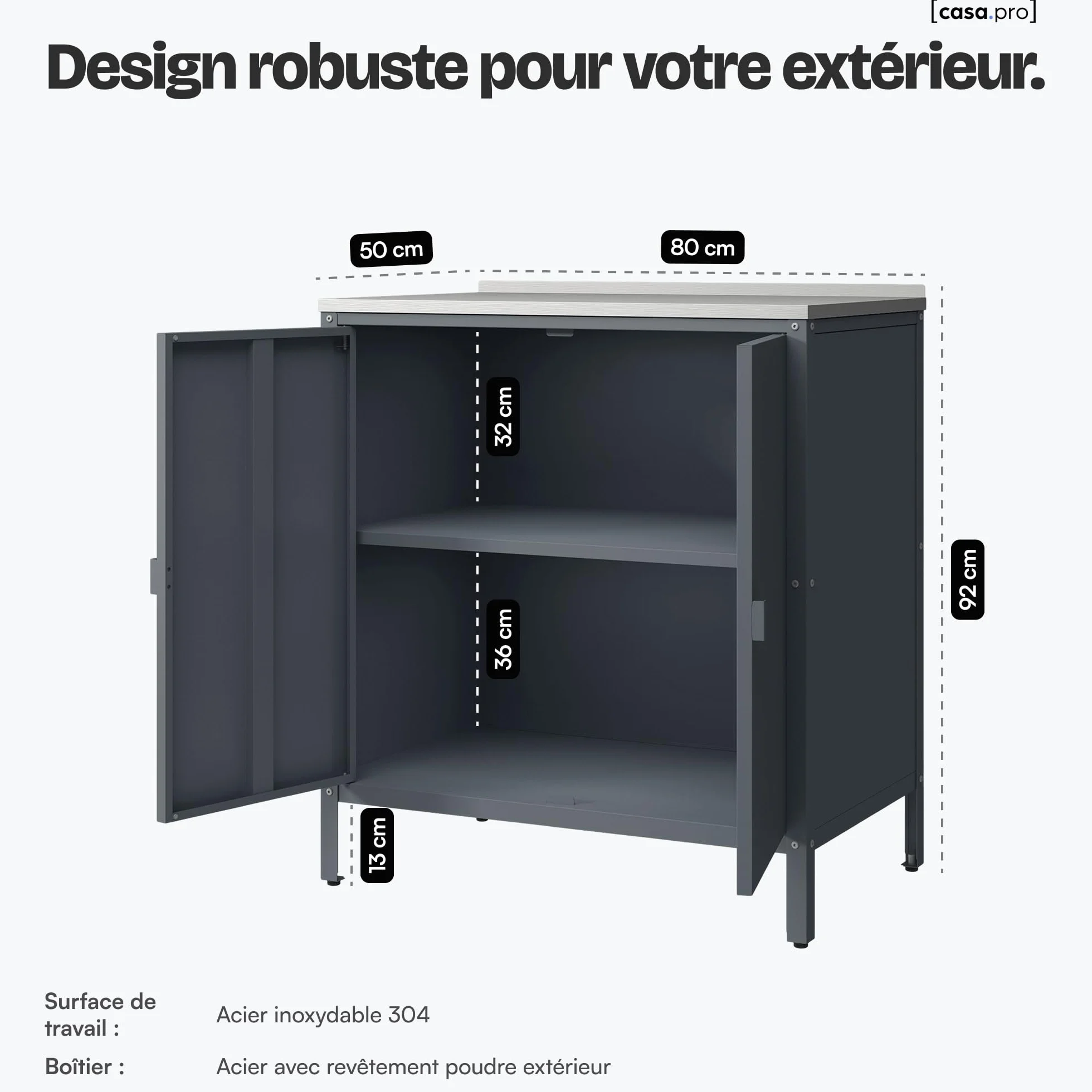 Casa.pro Armoire Basse de Jardin Bolognano Meuble de Rangement Acier Laqué 92 x 80 x 50 cm Gris Foncé Mat