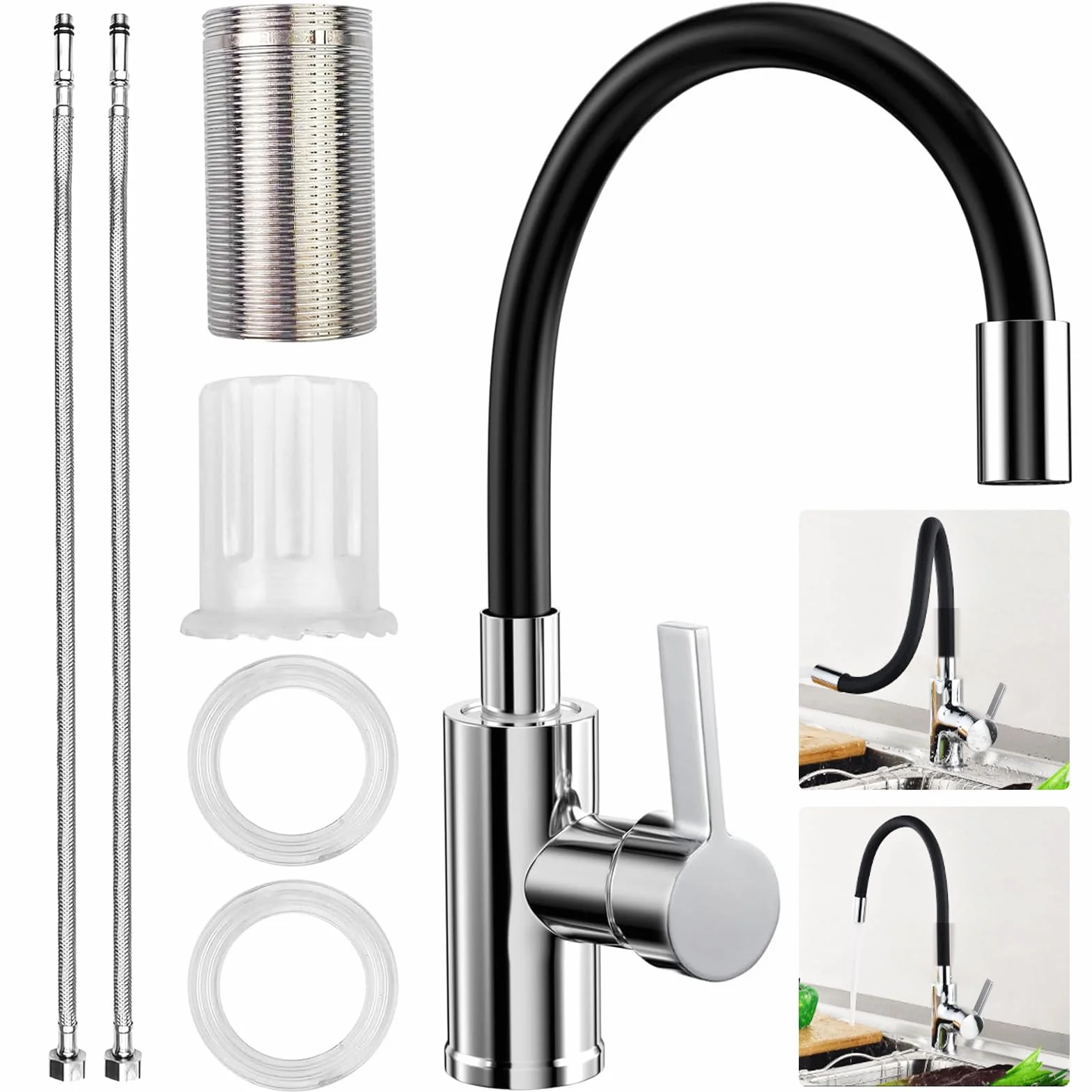 Mitigeur Cuisine Rotatif 360° Acier Inoxydable Bec Flexible Robinet Evier Haute Pression Noir