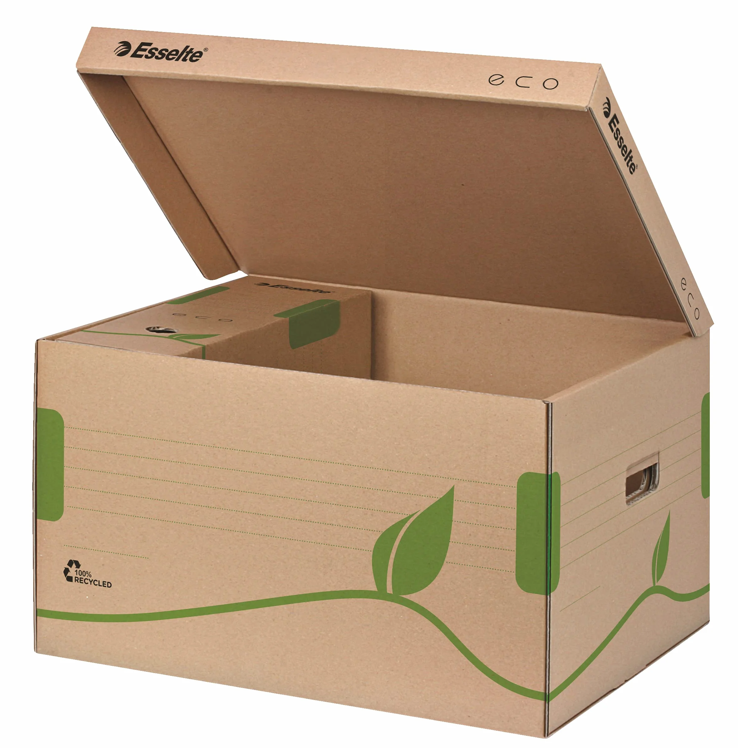 Esselte Conteneur d'archivage écologique avec couvercle supérieur, idéal pour Esselte Boîtes d'archivage Eco A4, 5 x 80 mm/4 x 100 mm, boîte de transport, carton ondulé 100 % recyclé et recyclable, brun naturel, 623918