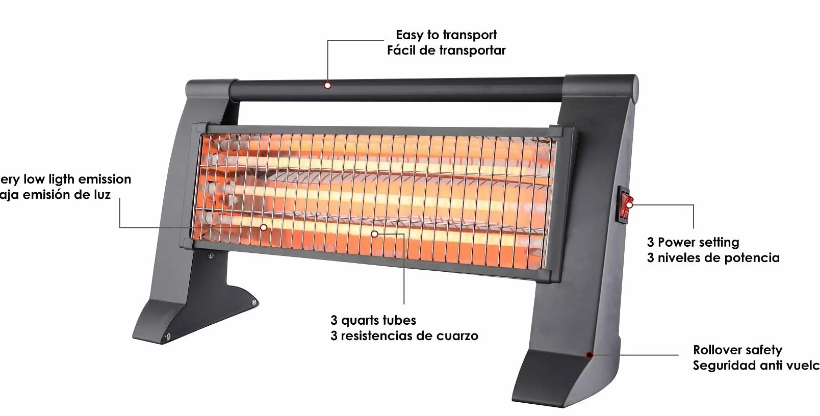 Poêle à quartz 400/800/1200W, anti-renversement, gris