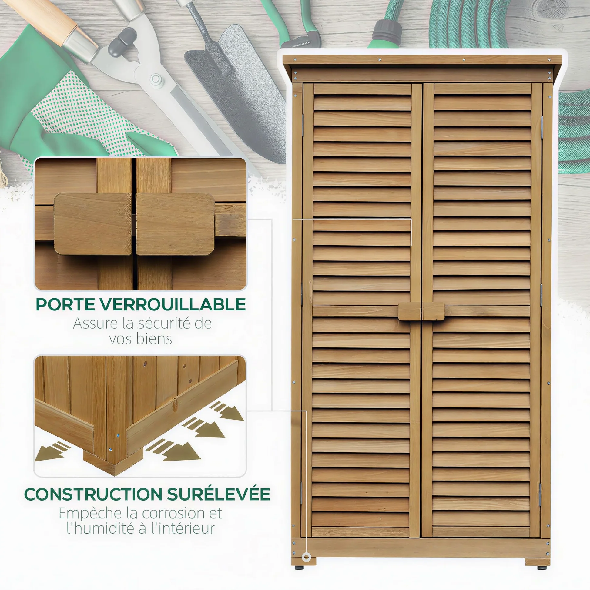 Outsunny Abri de Jardin abri à Outils sur Pied en Bois 2 étagères Portes à Volets Toit en Bitume incliné 87 x 47 x 160 cm Naturel