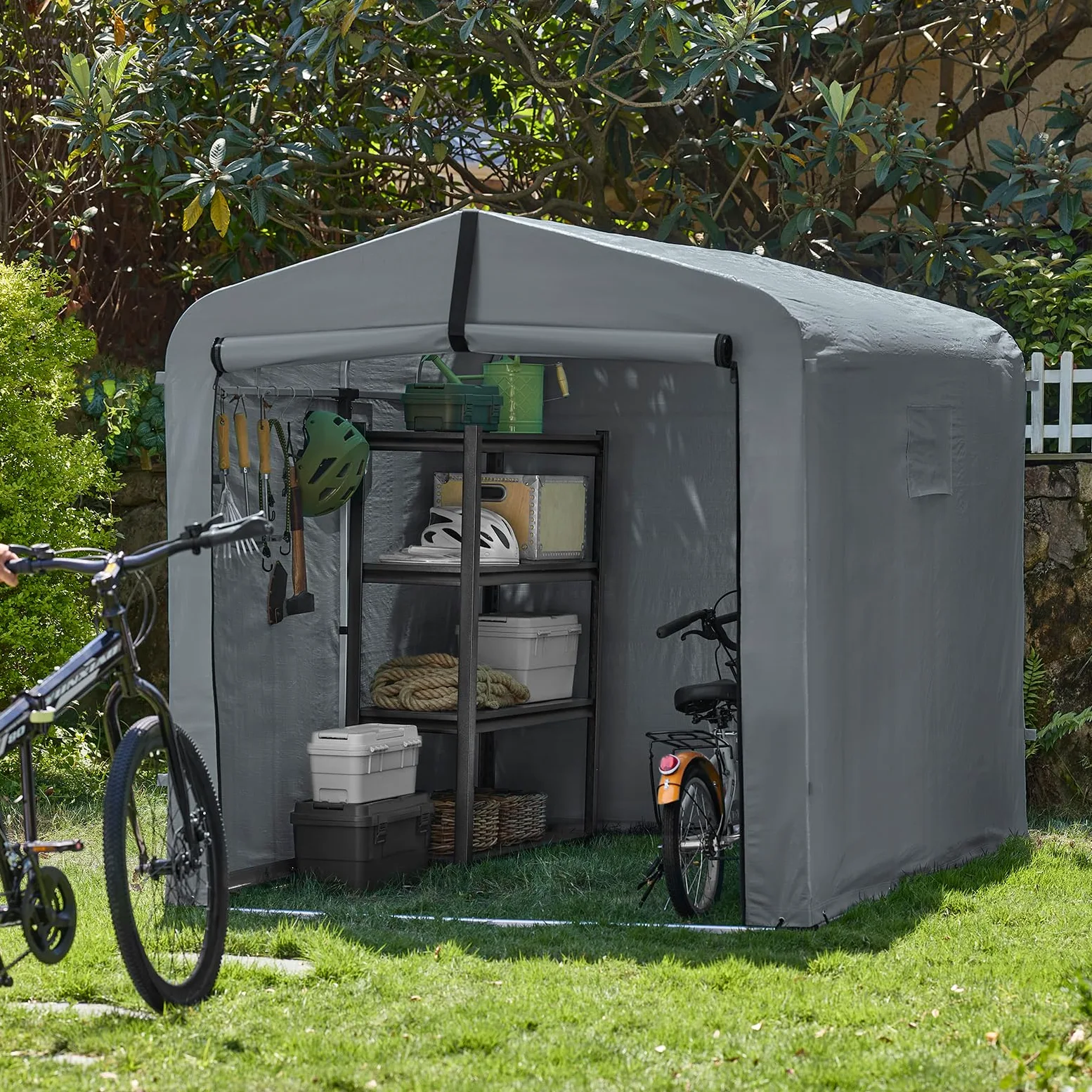 SoBuy Abri de Jardin, Cabane de Jardin Exterieur Imperméable, abri Moto avec des Crochets, Garage pour Vélo et Outils, Abri Vélo, Rangement et Stockage, Gris, 159x219x165 cm, KLS11-L-DG