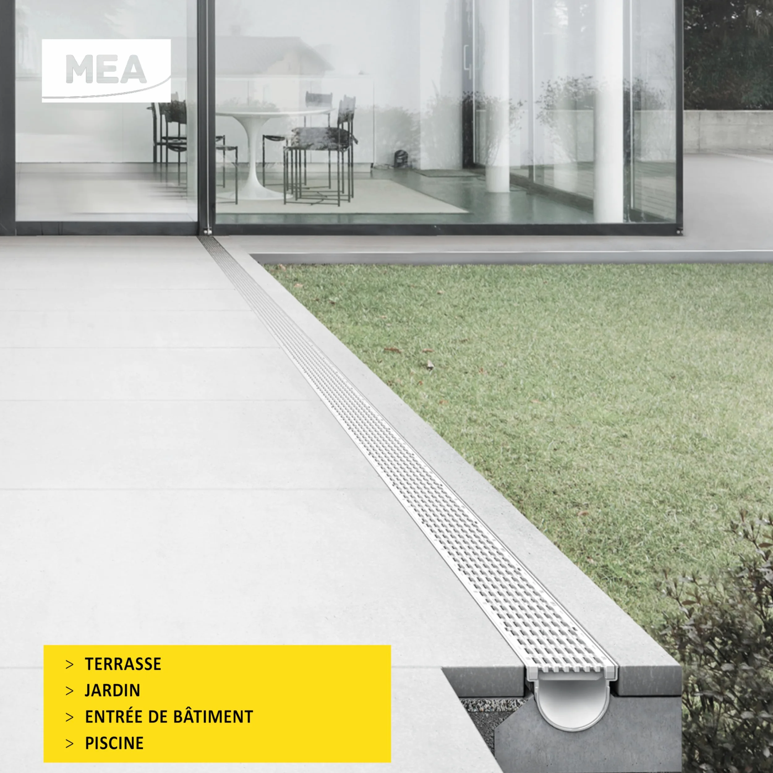 MEA Pack de 6 Caniveaux Extérieurs DECOLINE – Grille en Plastique Recyclé Gris – Drainage Terrasse, Piscine, Jardin – Classe A15 Piéton – Largeur utile 10 cm