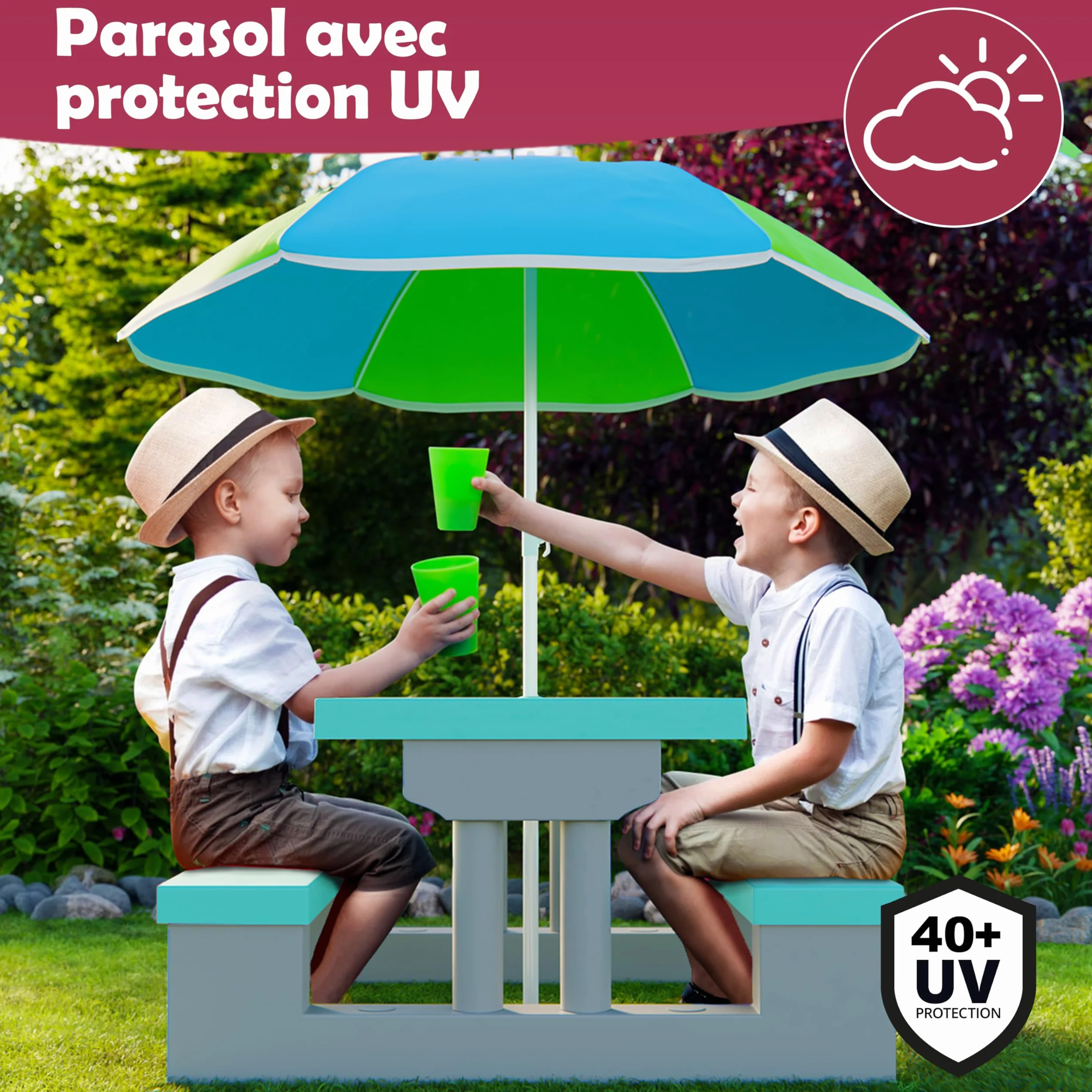 Spielwerk Salon de Jardin pour Enfants Vert Menthe Table Pique-Nique avec Banc et Parasol