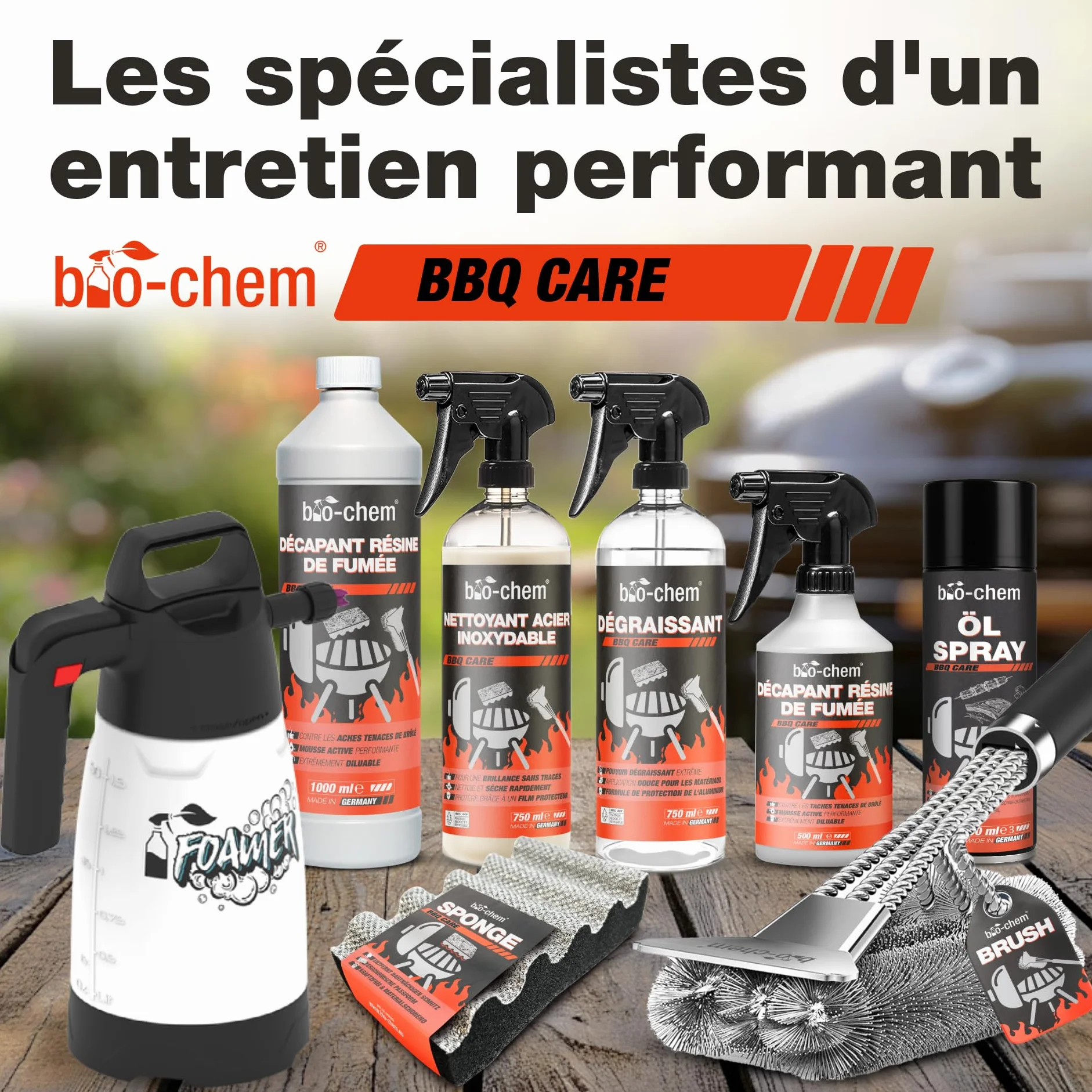Kit nettoyage barbecue 9 pcs - Décapant résine 0,5L - Nettoyant surfaces bbq 750ml - Produit entretien acier inox 750ml - Spray d’huile 200ml