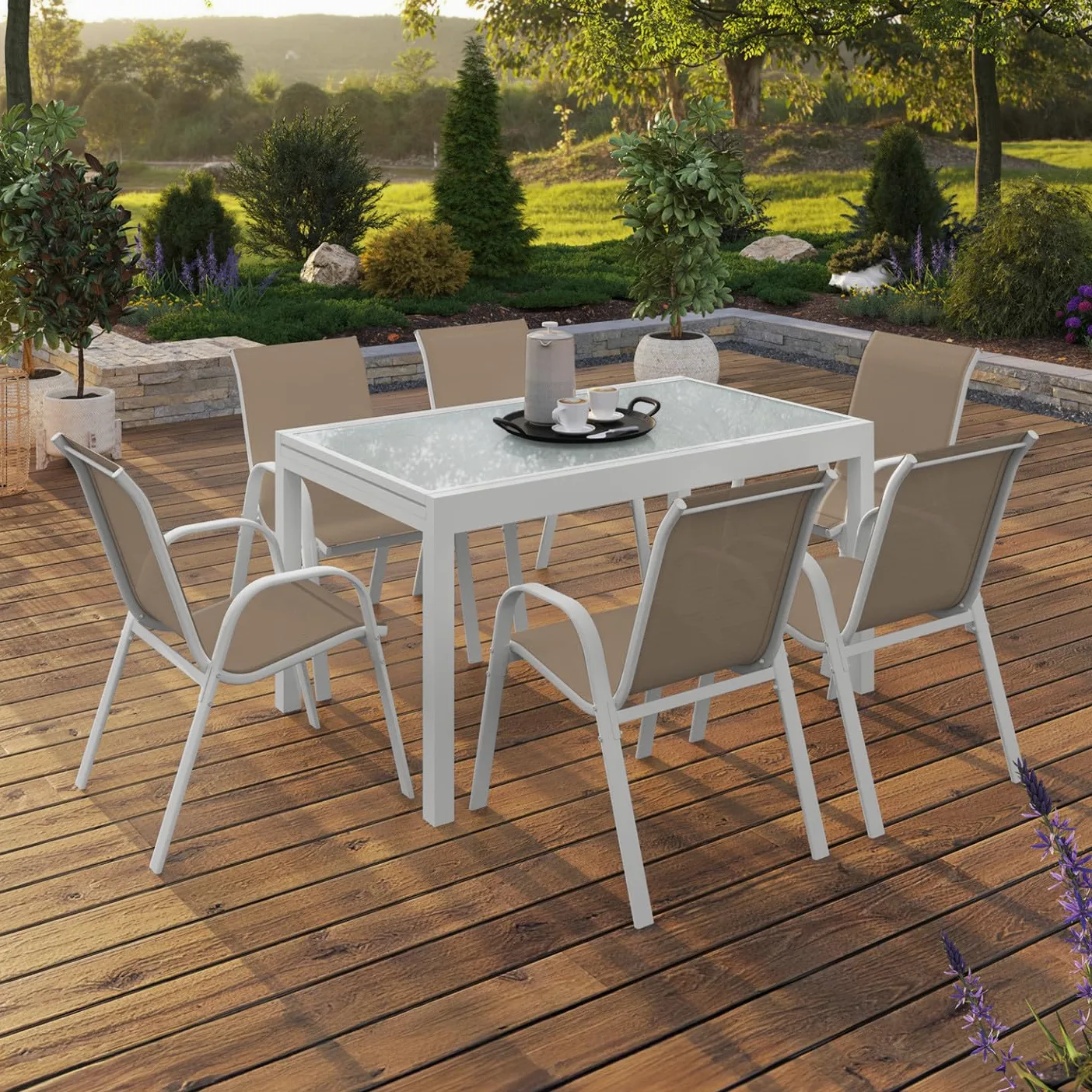 IDMarket - Salon de Jardin Madrid Table Extensible 135-270 CM et 12 chaises empilables Blanc et Beige