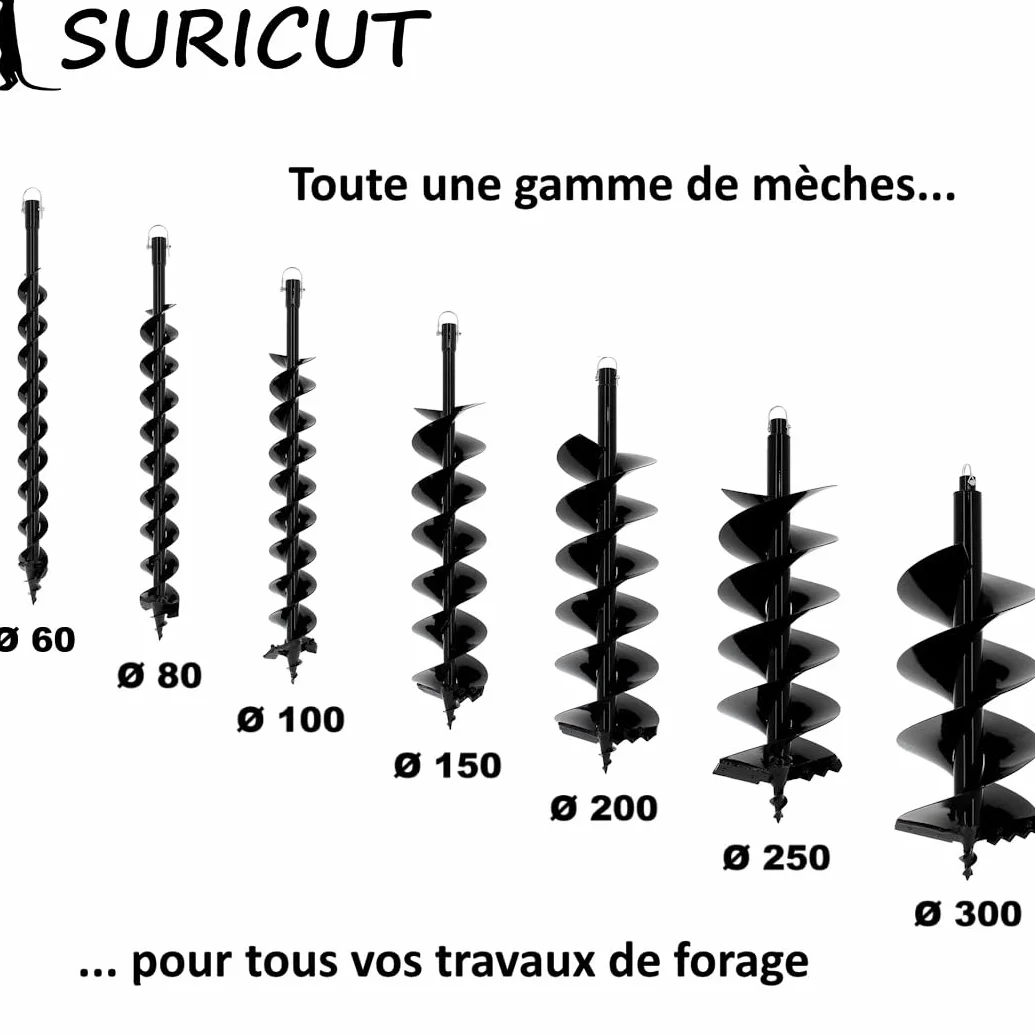 Tarière Thermique Semi-Professionnelle 62 cm3 + Lot de 3 mèches (100, 200 et 300 mm)