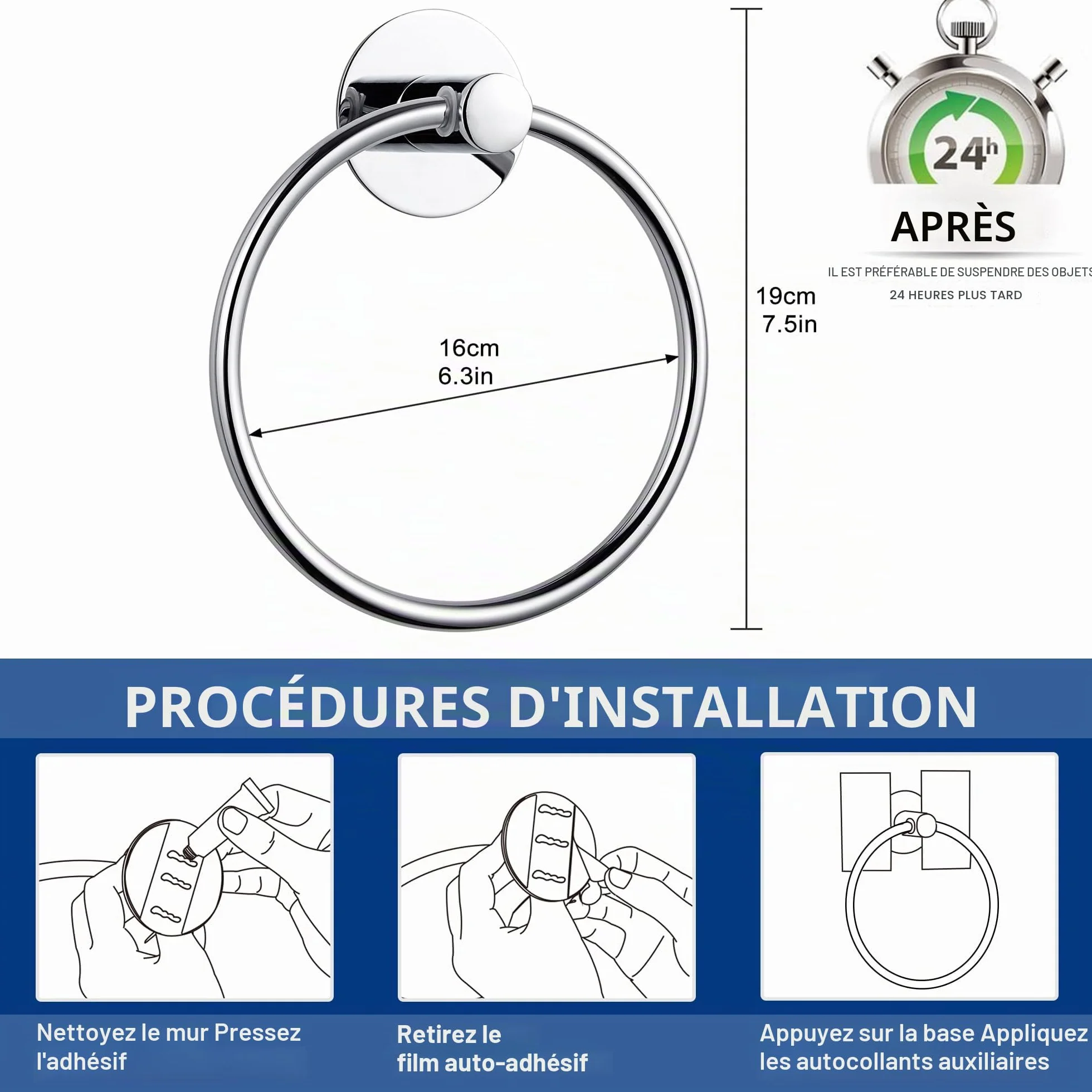 Anneau Porte Serviette Salle de Bain sans Percage - Support Serviette Murale Adhésif Acier Inoxydable Chromé