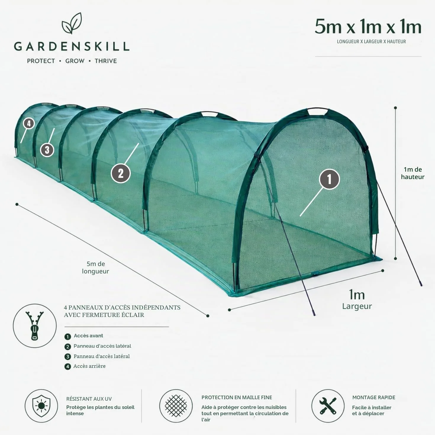 GardenSkill Serre Tunnel Jardin 500x100cm | Tunnel Potager avec Filet Anti-Oiseaux Anti-Insecte | Protection pour Semis, Salade, Poireaux, Fraises, Jardinières | Housse de Croissance, 4 Portes Zippées