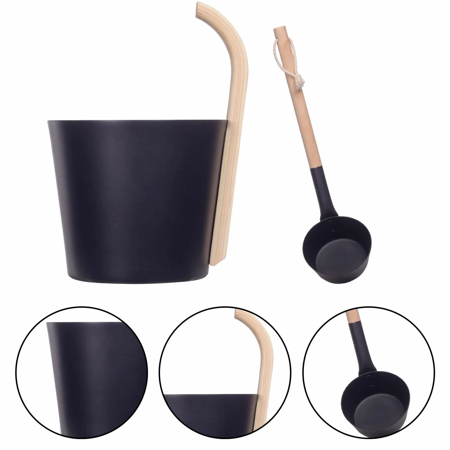 Seau de sauna noir Louche en aluminium 7 L Accessoires sauna cèdre long manche