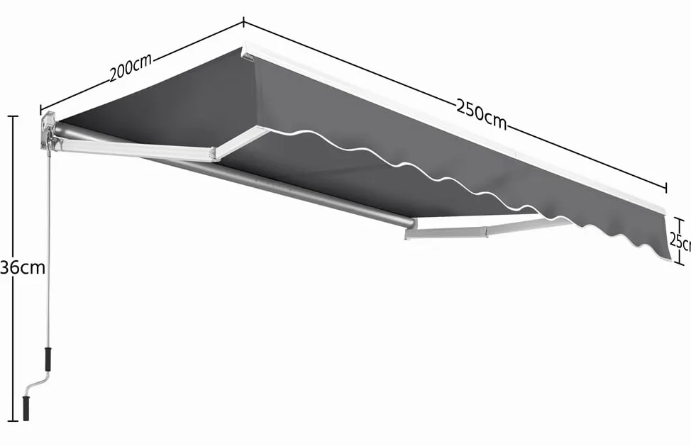 Yaheetech Auvent Rétractable de Contrôle Manuel 250 x 200 cm avec Protection Solaire Réglable pour Balcon, Terrasse, Café, Restaurant - Gris Foncé