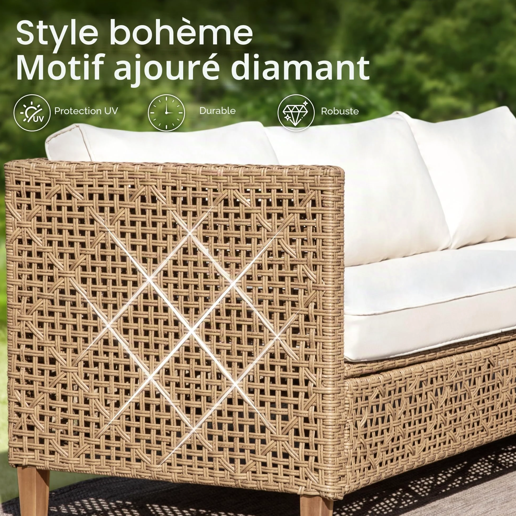 PHI VILLA Ensemble de meubles de jardin de balcon 3 pièces en rotin avec 1 méridienne, 1 canapé 2 places et 1 petite table basse, 4 personnes, meubles de terrasse d'extérieur