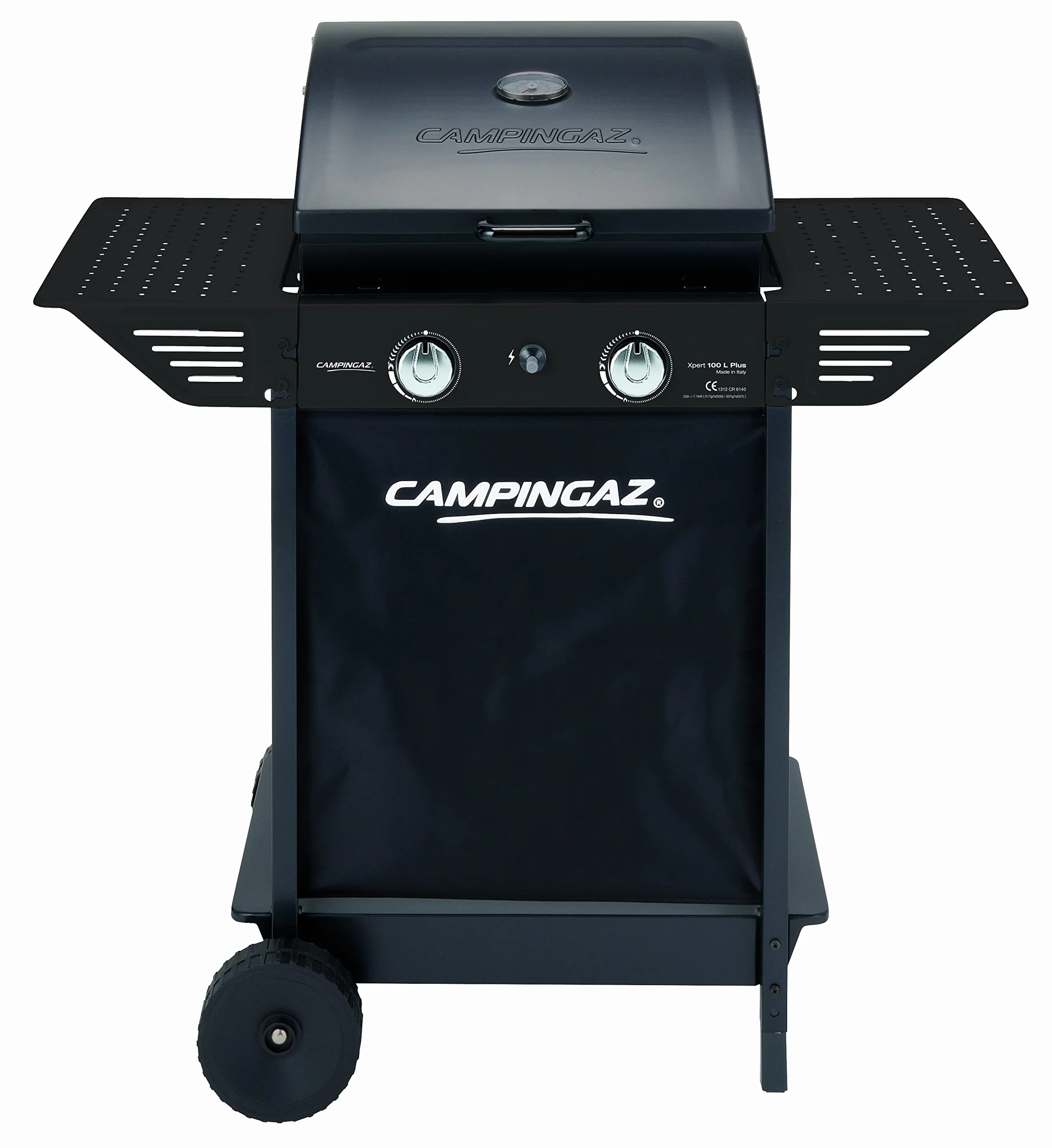 Campingaz Xpert 100 L Plus Rocky Barbecue à gaz pour pierre volcanique, barbecue à gaz avec 2 brûleurs, 7,1 kW de puissance, 2 grilles en acier chromé, 2 tables latérales et pierres de lave