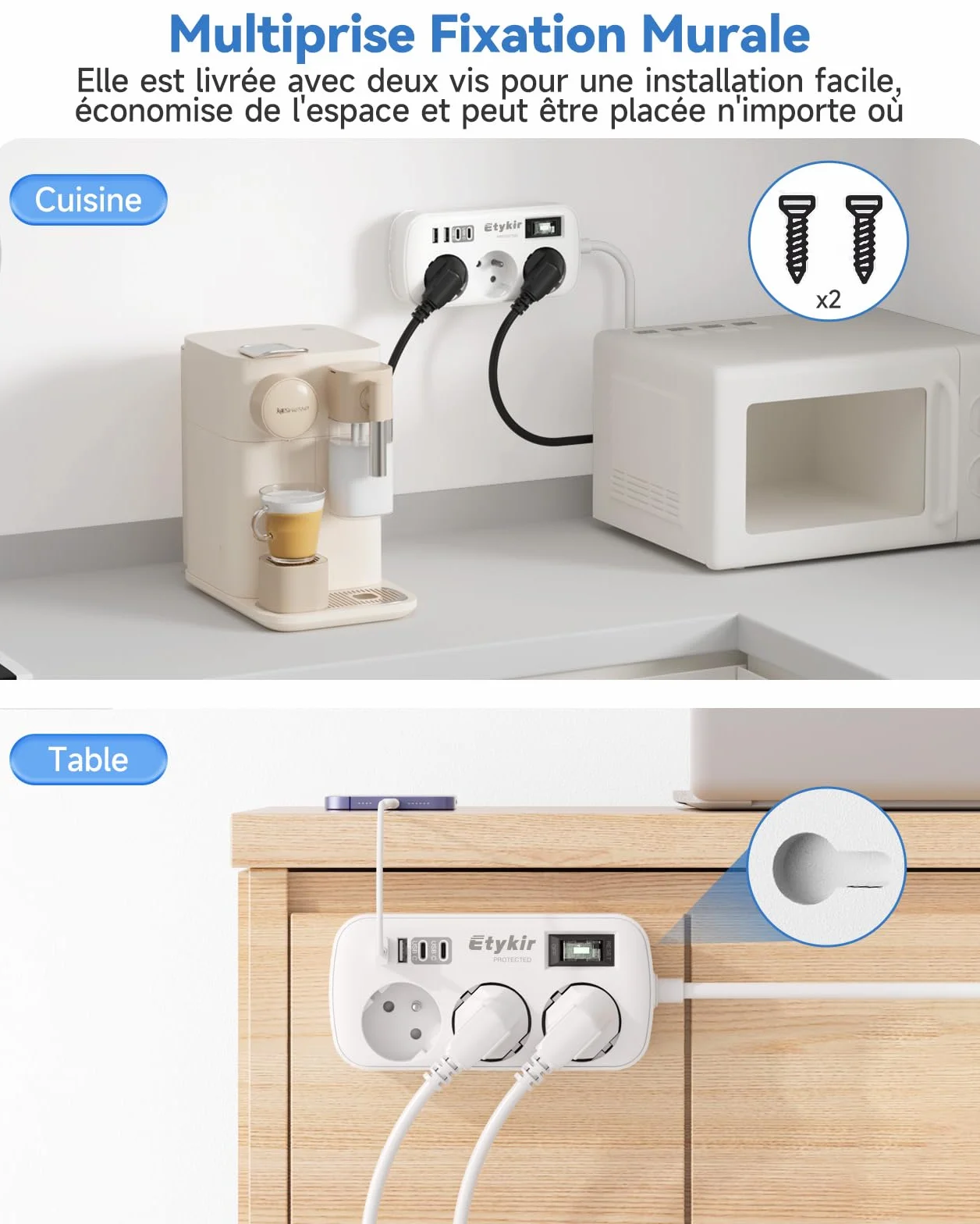 Multiprise Plate avec Interrupteur, 4 USB (2 USB-C), Parafoudre et Surtension, Rallonge 1,5 m Blanc