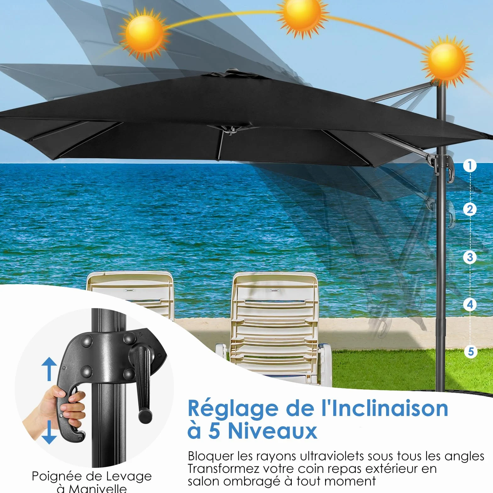RELAX4LIFE Parasol Déporté Rectangulaire 3x3M Inclinable Rotative 360° Pédale Polyester Anti-UV Jardin Exterieur Noir