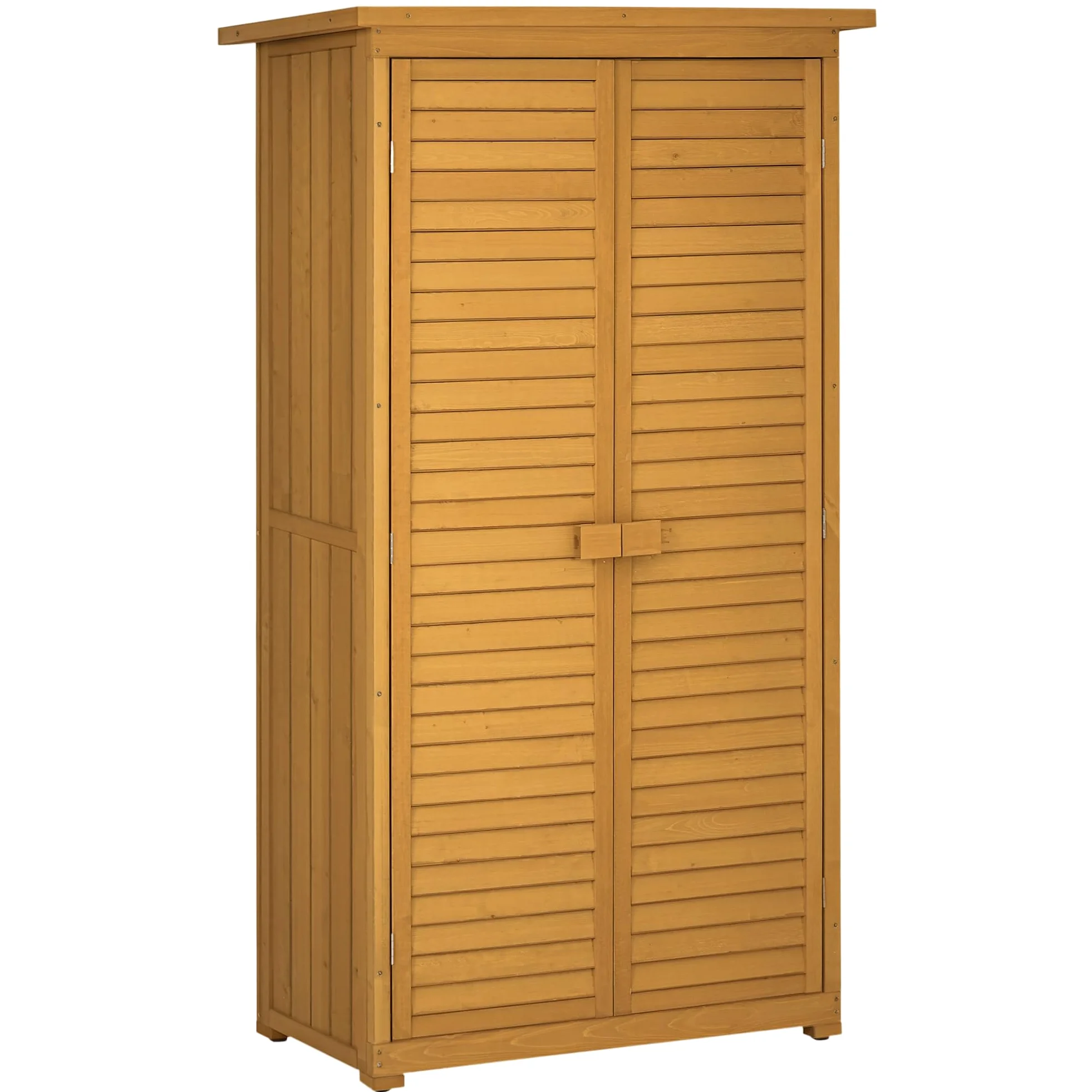 Outsunny Abri de Jardin abri à Outils sur Pied en Bois 2 étagères Portes à Volets Toit en Bitume incliné 87 x 47 x 160 cm Naturel