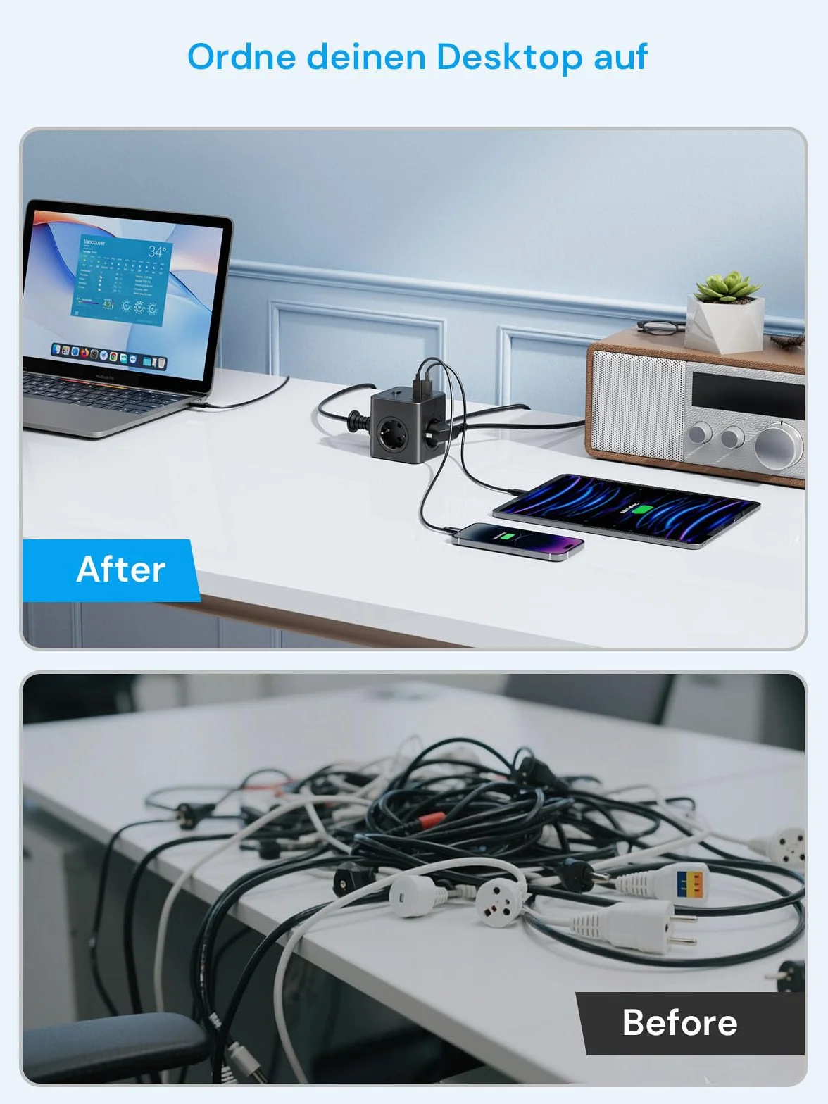 Multiprise Power Cube 8-en-1 avec Interrupteur 4 Prises USB-A USB-C 1,5 m Noir