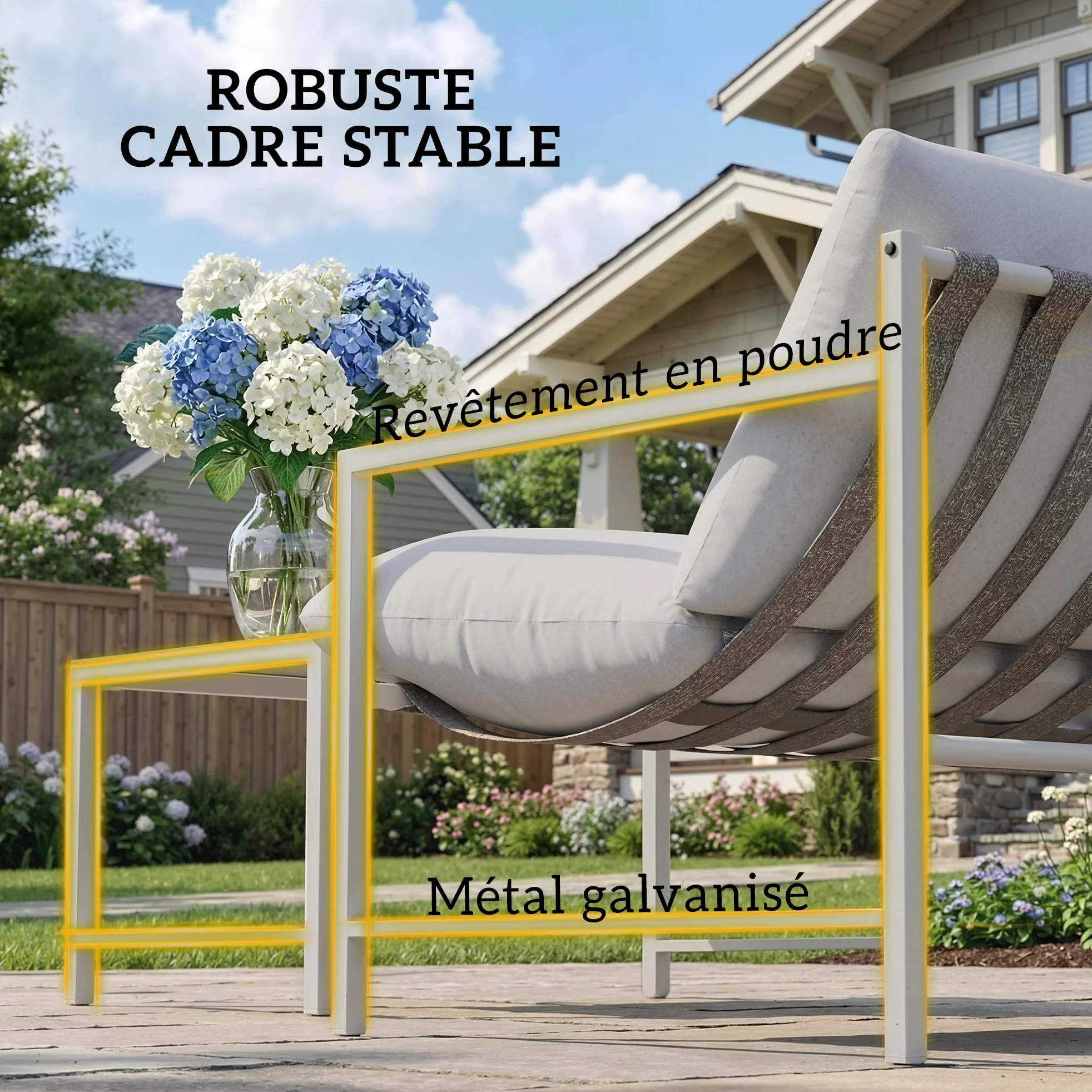 Outsunny Salon de Jardin Extérieur 2 Pièces, Canapé 2 Places avec 2 Coussins et Table Basse en Verre Trempé Marbré 3D, Mobilier de Jardin pour Terrasse Balcon Jardin, Acier, Gris Clair