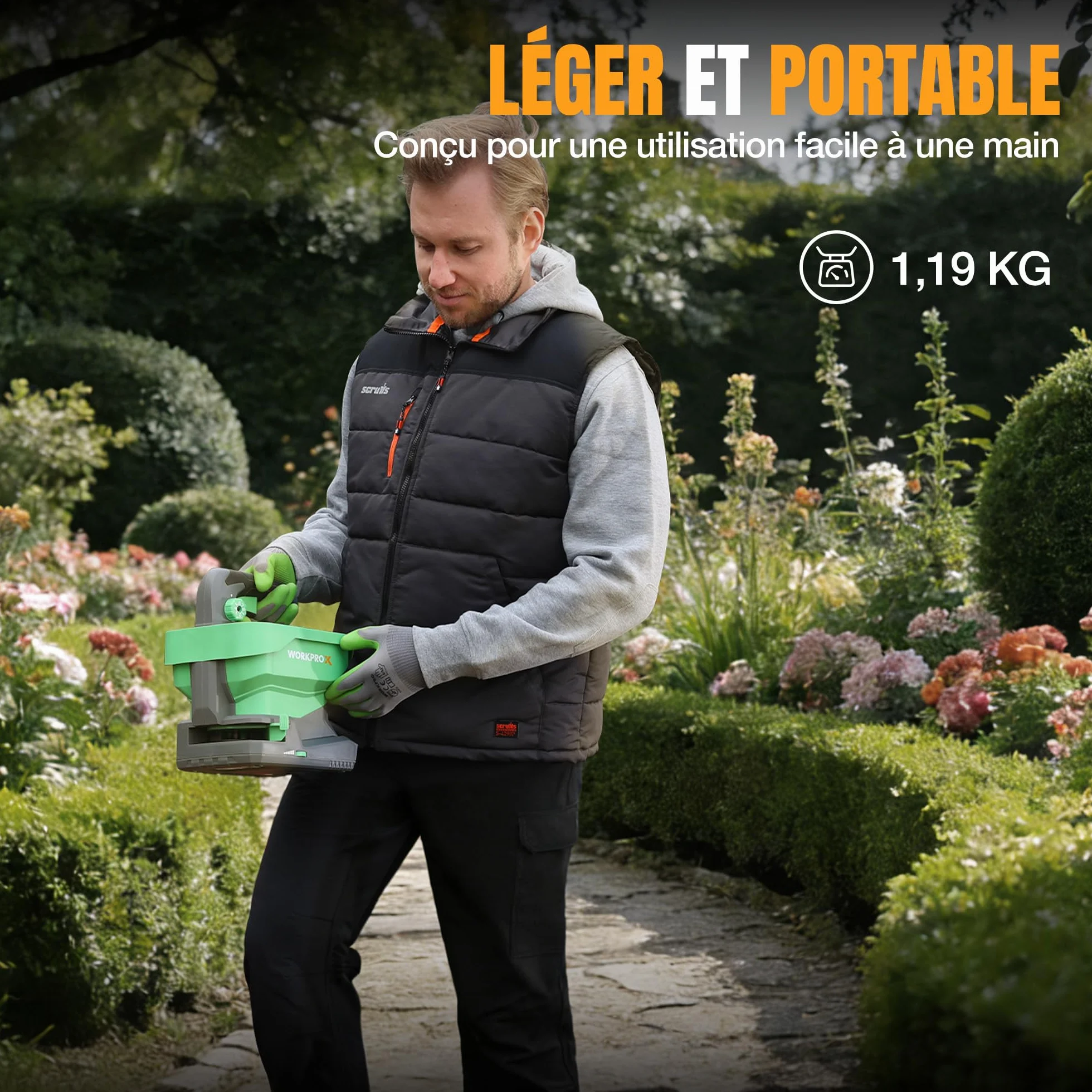 WORKPROX Épandeur de Graines Électrique 7,2 V 8 Débits 6 Vitesses Largeur Réglable Batterie Intégrée 2,0 Ah