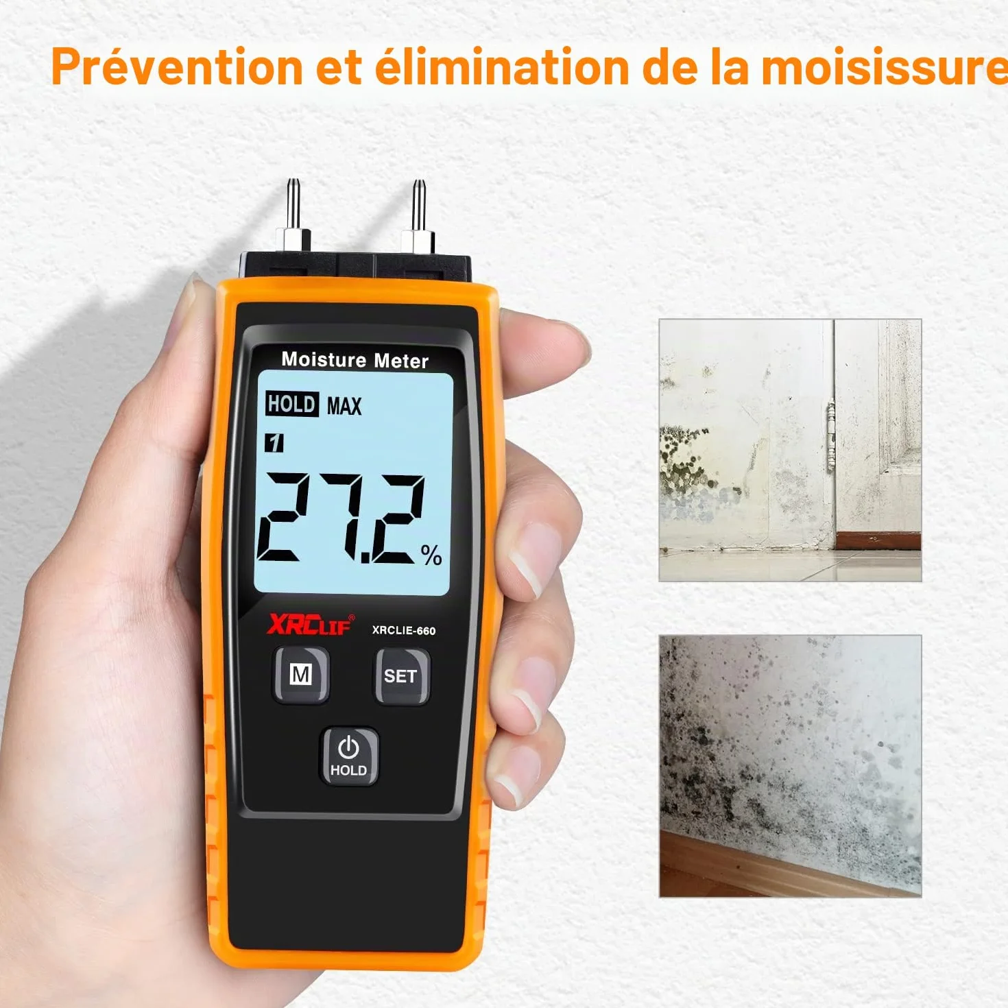 XRCLIF Testeur Humidité Mur & Bois, Compteur de fuites, Détecteur Teneur en eau avec Rétroéclairage LCD