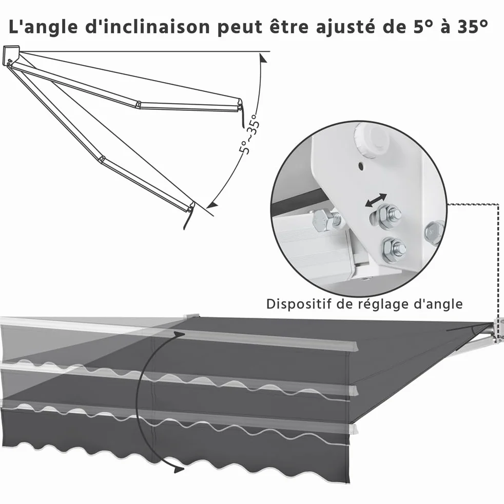 Yaheetech Auvent Rétractable de Contrôle Manuel 250 x 200 cm avec Protection Solaire Réglable pour Balcon, Terrasse, Café, Restaurant - Gris Foncé