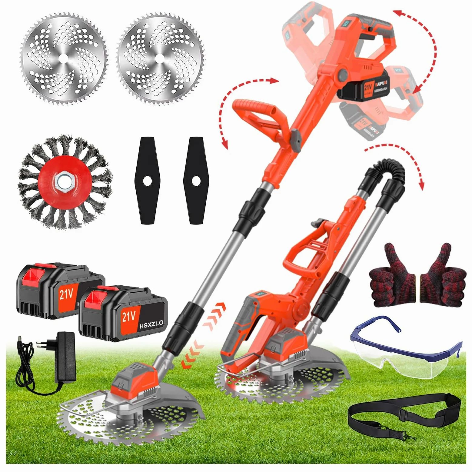 Debroussailleuse Electrique sans Fil, 21V Coupe Bordure sans Fil avec Batterie, Batterie Debrouissalleuses avec 3 Lames, Débroussailleuse Rétractable Convient Aux Jardins et Aux Pel (Rouge-1)