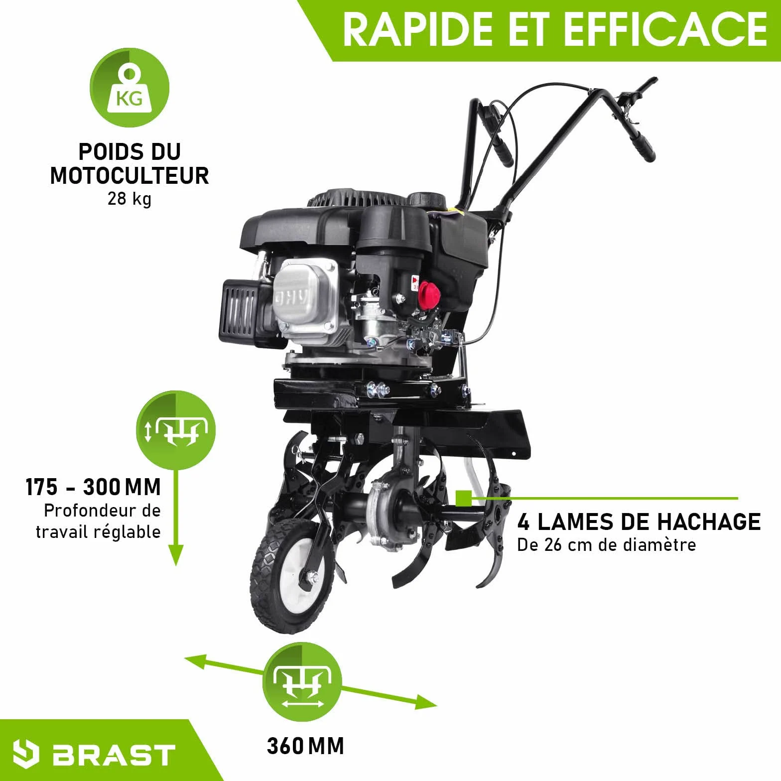 BRAST motobineuse thermique 176ccm 6CV 4,4kW largeur 36cm, profondeur 17,5-30cm 4 fraises autoconduite commutable vitesse nominale 3 600 tr/min motoculteur thermique 4 temps