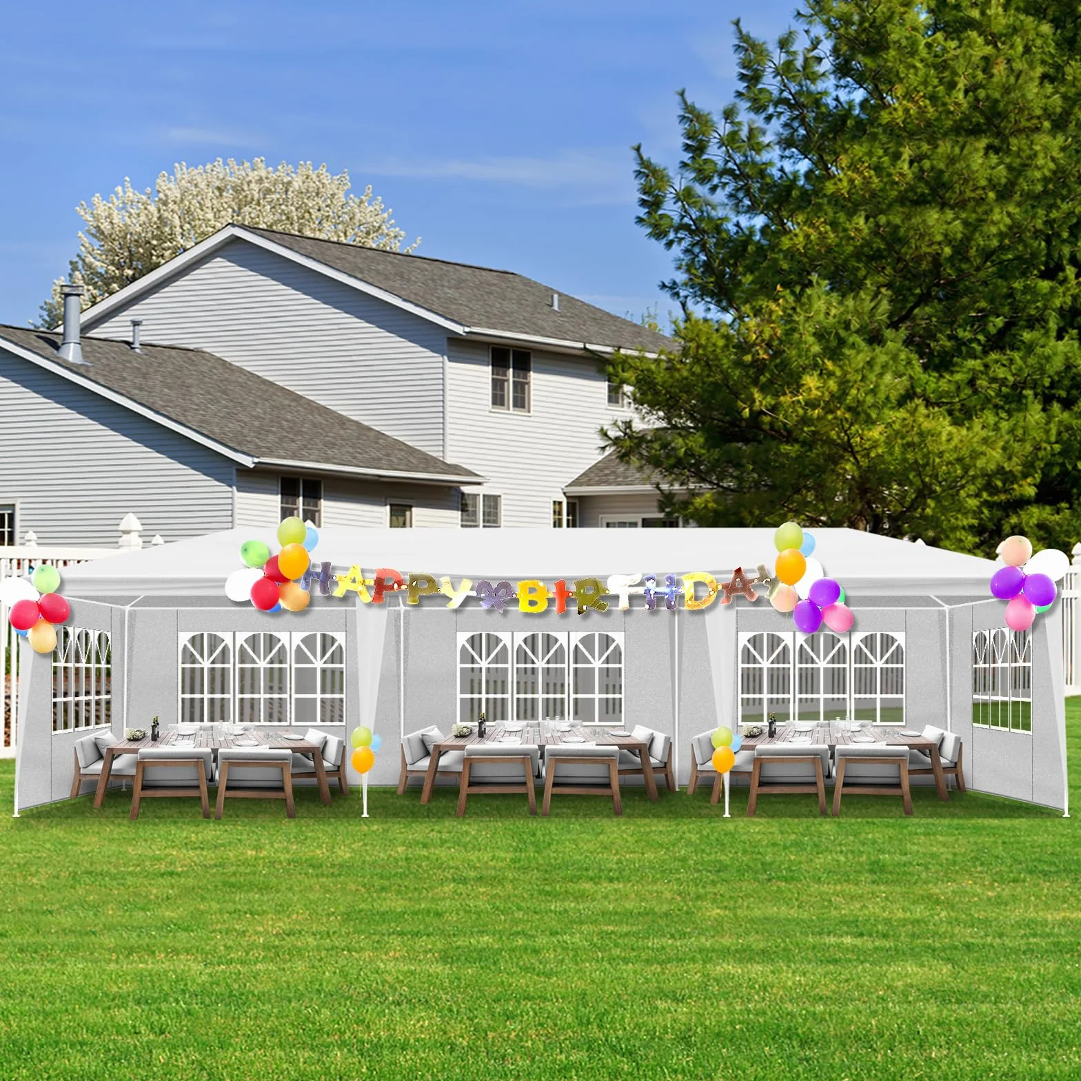 Bonnlo Tonnelle de Jardin 3x9m avec 8 Parois Latérales imperméable avec 6 fenêtres Tente de Réception en Toile PE Tubes Spiralés en Fer Barnum Blanc pour Camping Mariage Parking Fête