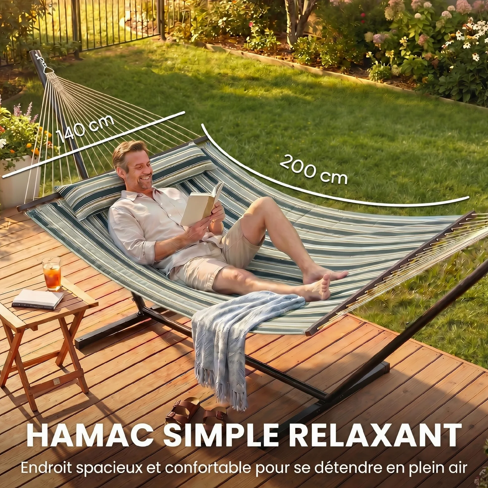 Outsunny Hamac sur Pied 353 cm, hamac avec Support Acier avec Coussin Amovible et Barres d'écartement, pour intérieur et extérieur, lit de Sieste rayé, Vert