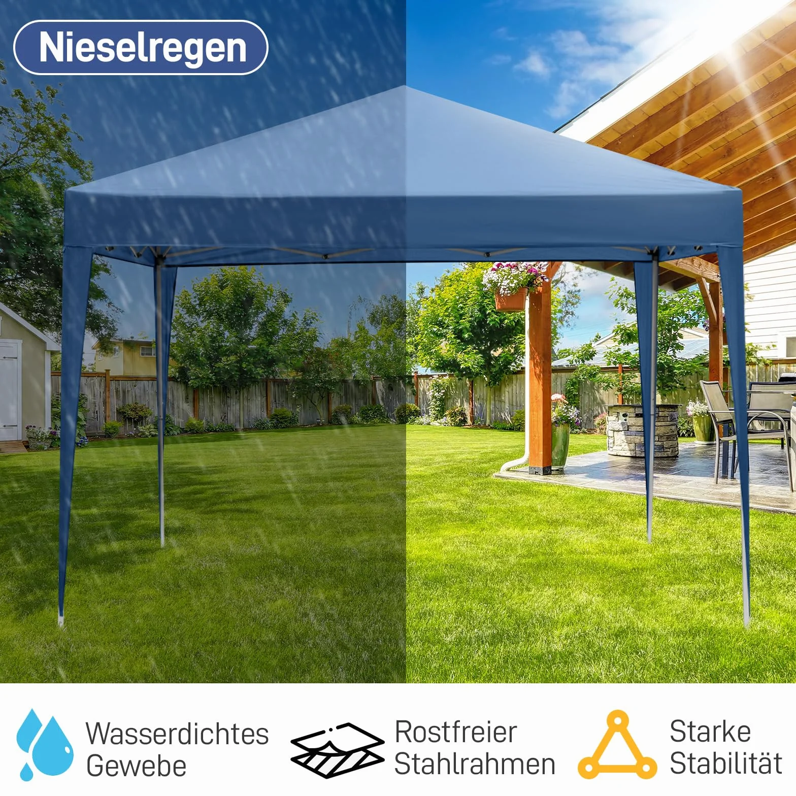 3x3m Tonnelle de Jardin Pliable Aluminium Imperméable Tente de Reception avec aux UV Pavillon Bleu Bâche PE Epaisse de env pour Fête Marriage Les Activités Commerciales (Bleu)