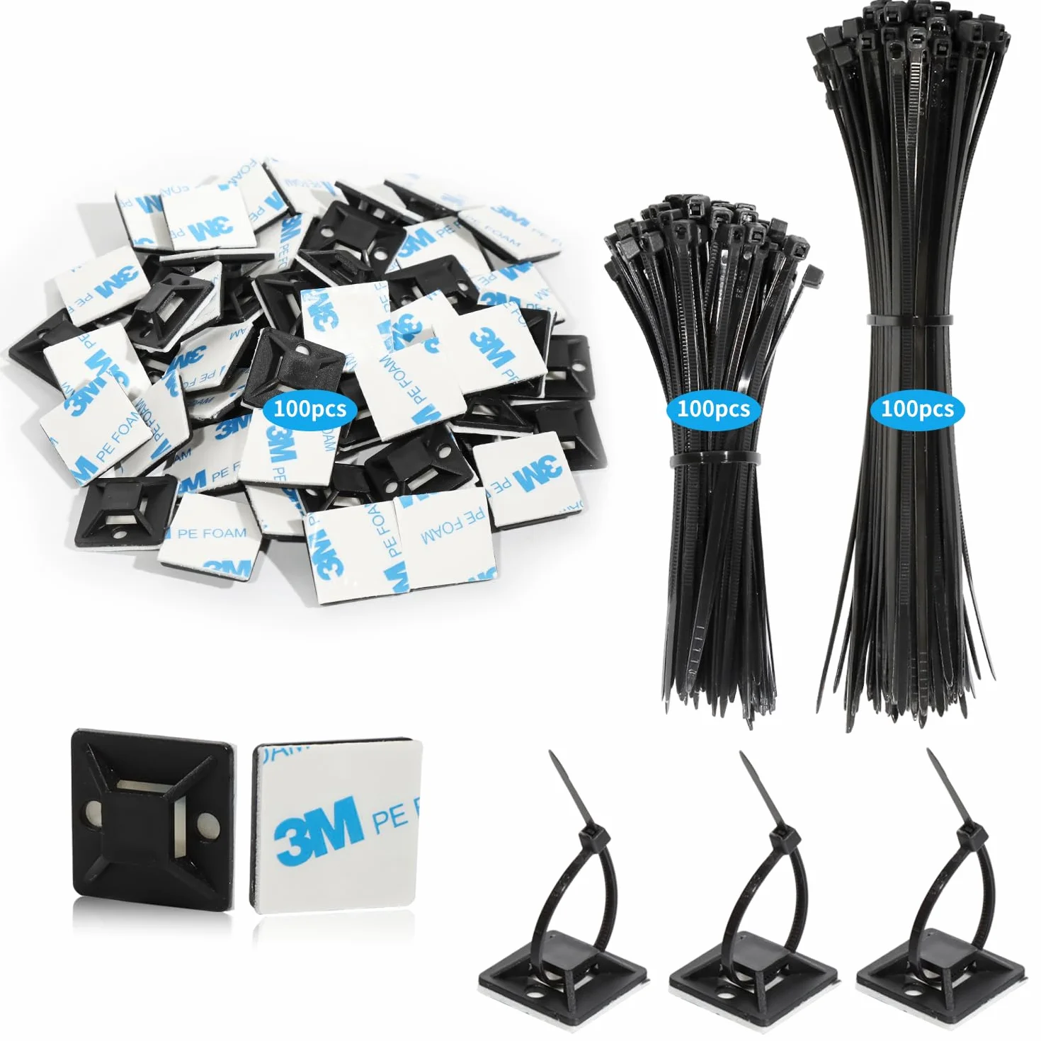 200 Pièces Serre-Câbles Plastique Noir avec Collier de Serrage, Attache Câble Adhésif Supports Base
