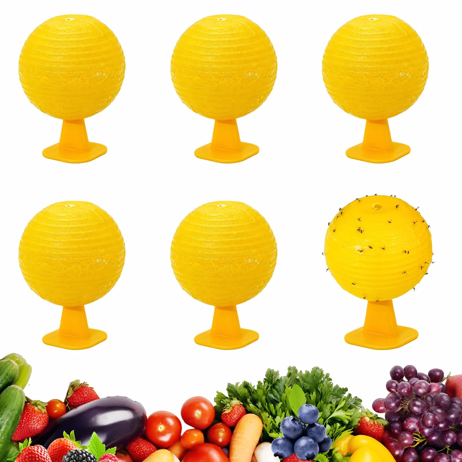 Boule Anti Moucherons Cuisine Lot de 6, Piège Mouches Fruits sans Produits Chimiques, Boules Jaunes Réutilisables pour Fruits, Évier, Plantes, Poubelle et Maison