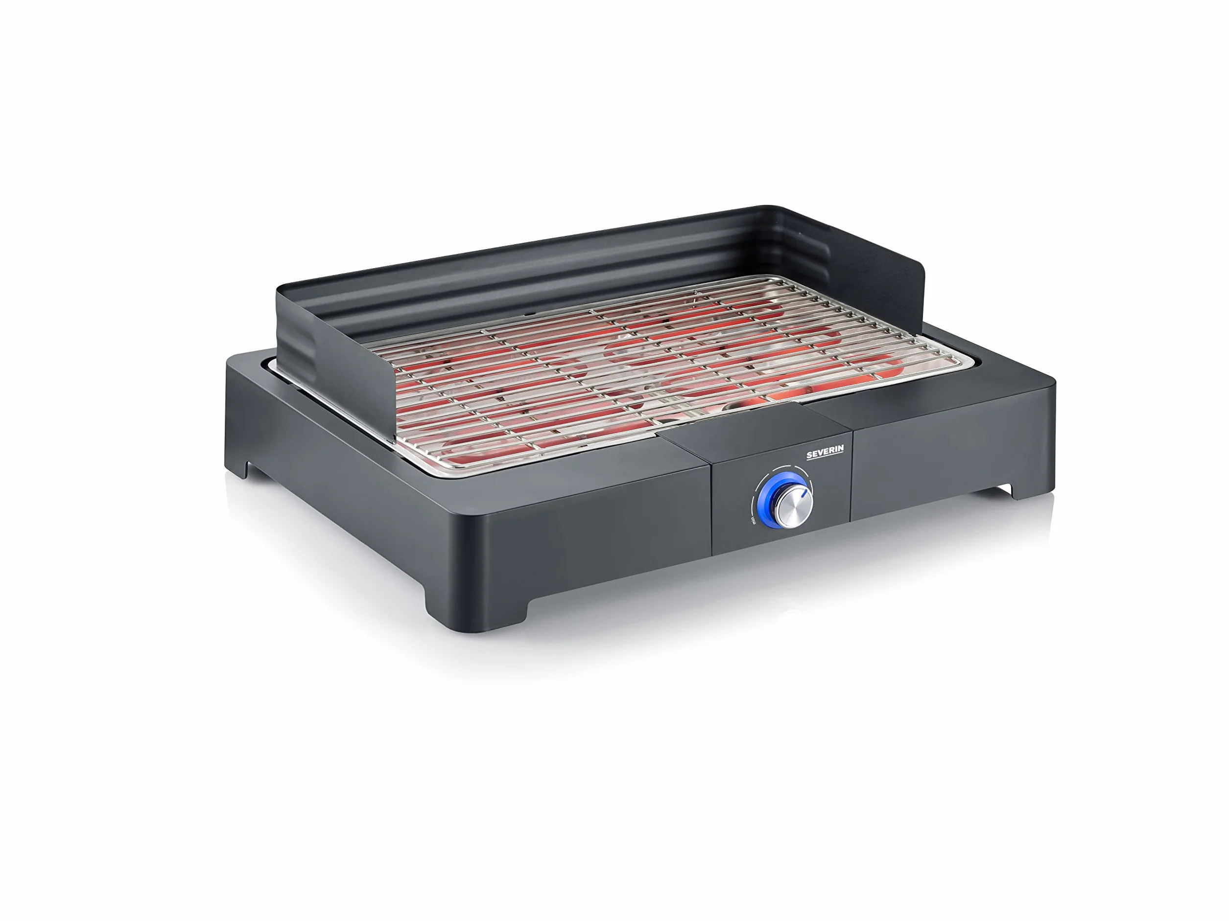 SEVERIN Barbecue électrique 2 200 W avec grille en inox, Barbecue de table avec pare-vent amovible, eBBQ avec bac à eau pour utilisation en intérieur et extérieur, Noir, PG 8565