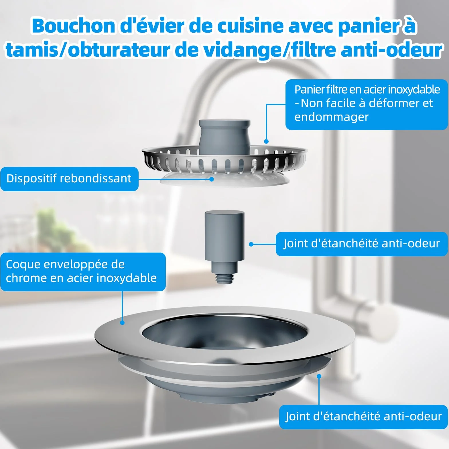 Hibbent Bouchon Evier Cuisine ABS avec Filtre INOX Anti-Blocage pour Évier Profondeur >22mm